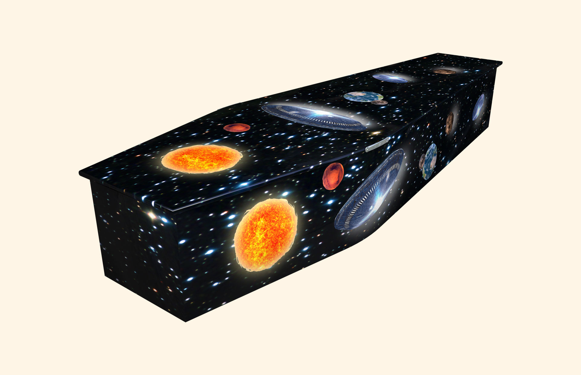 The Journey into Space design on a traditional coffin