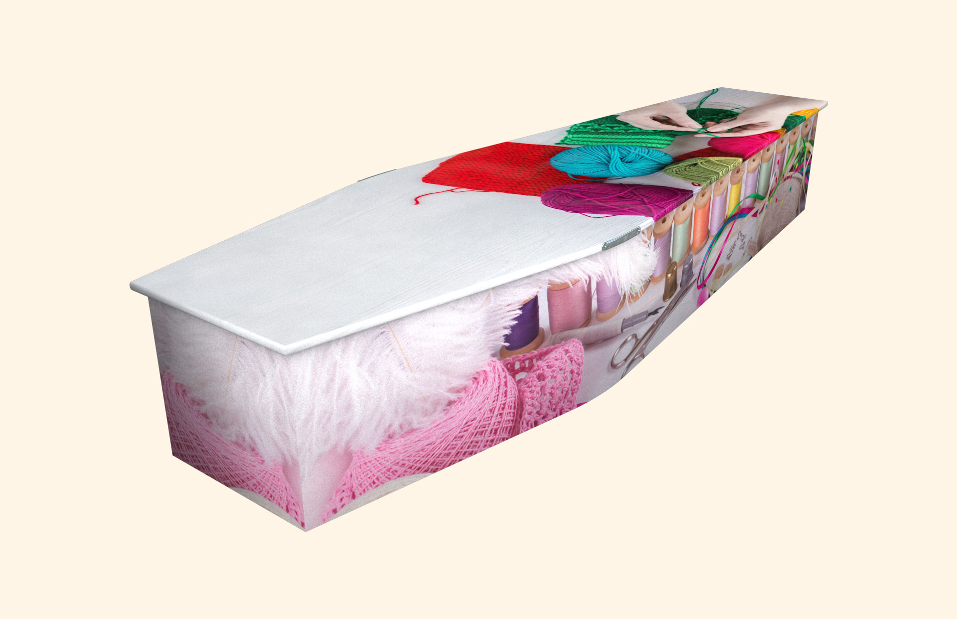 Knit and Sew design on a traditional coffin