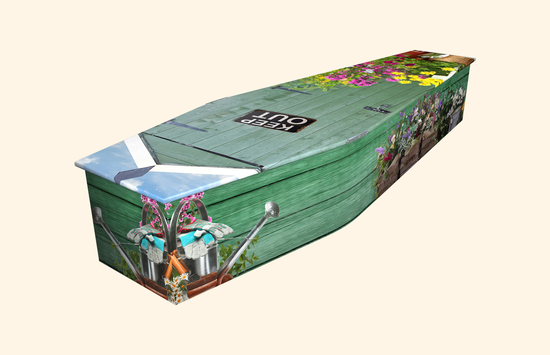 Out of Bounds design on a traditional coffin