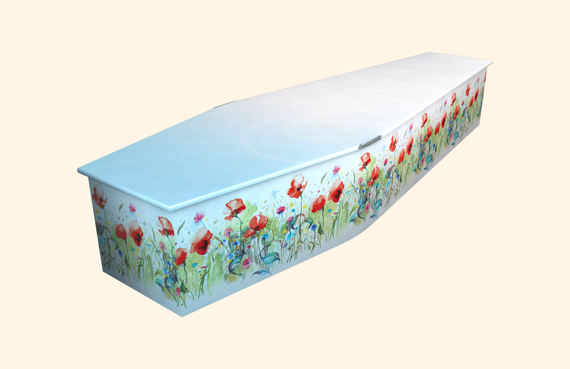 Watercolour Poppies in blue on a traditional coffin