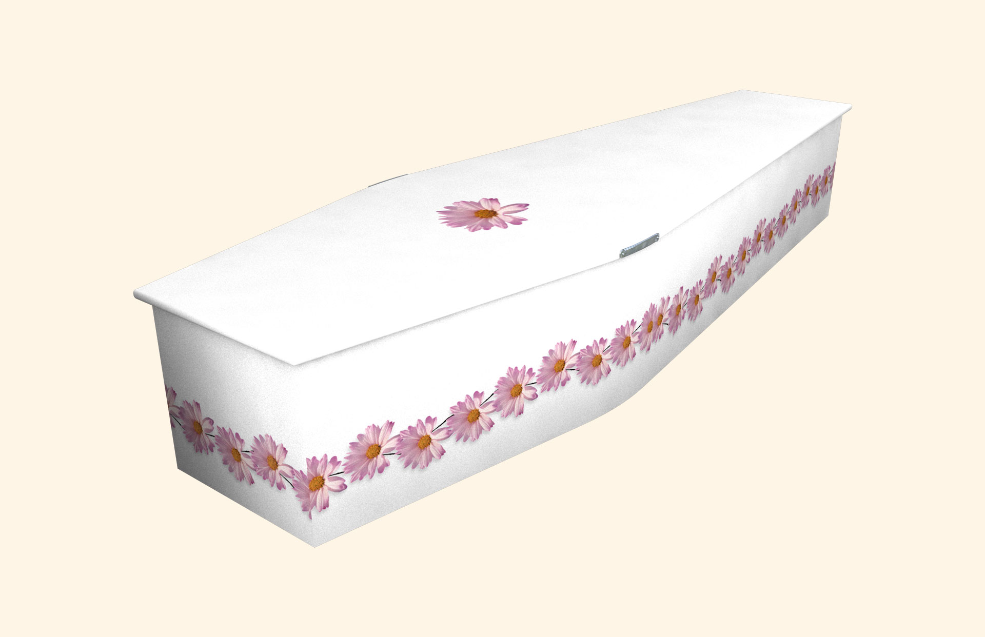 White with Pink Daisy design on a traditional coffin