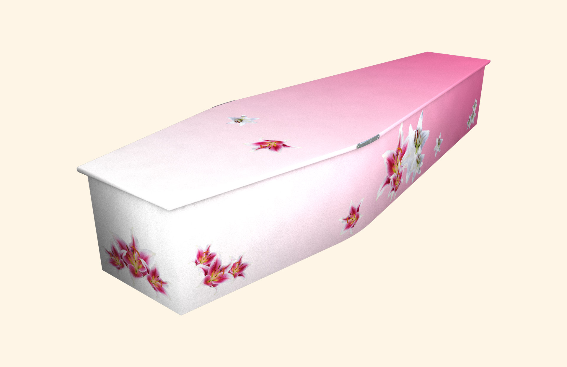 Graduated Pink with White Lilies design on a traditional coffin