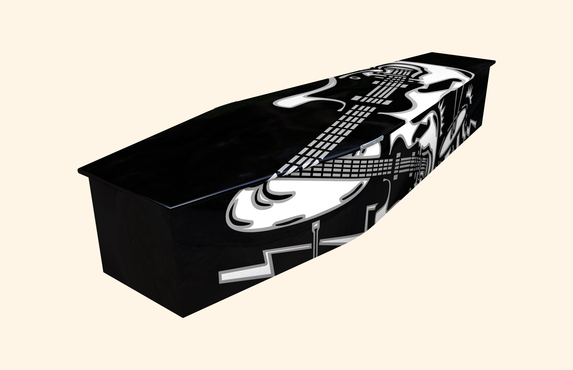 Rock N Roll White on Black design on a traditional coffin