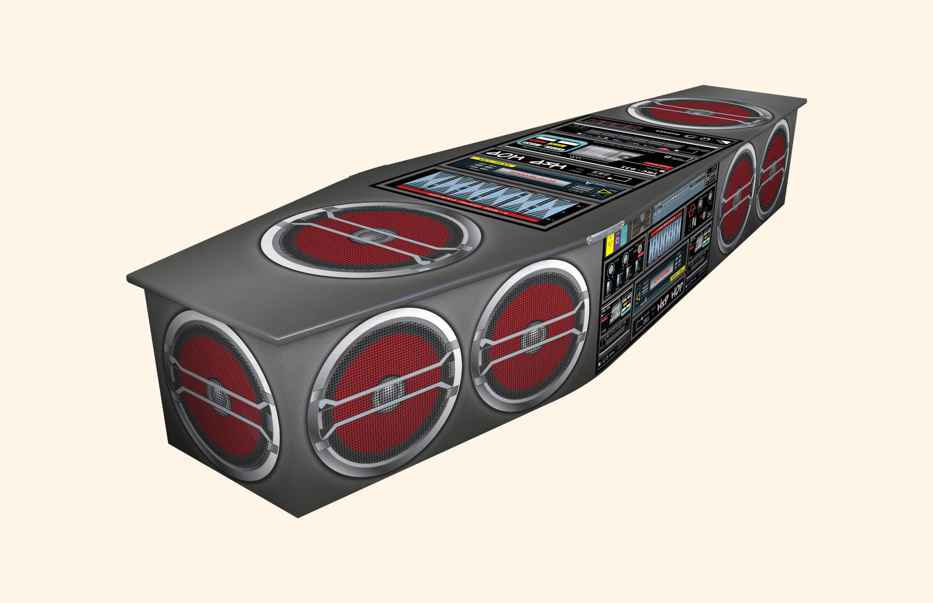 Boom Box design on a traditional coffin