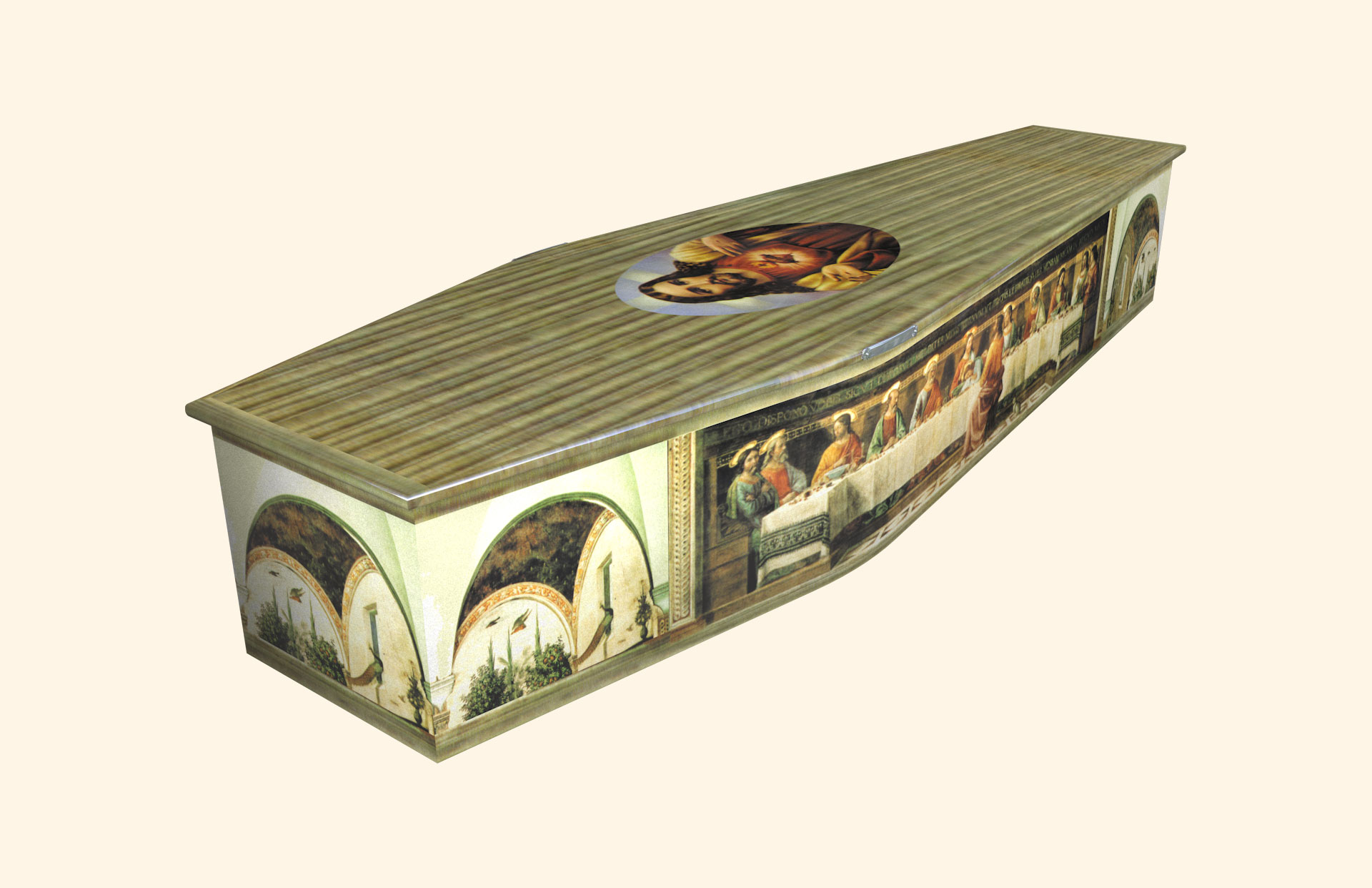 Last Supper design on a traditional coffin