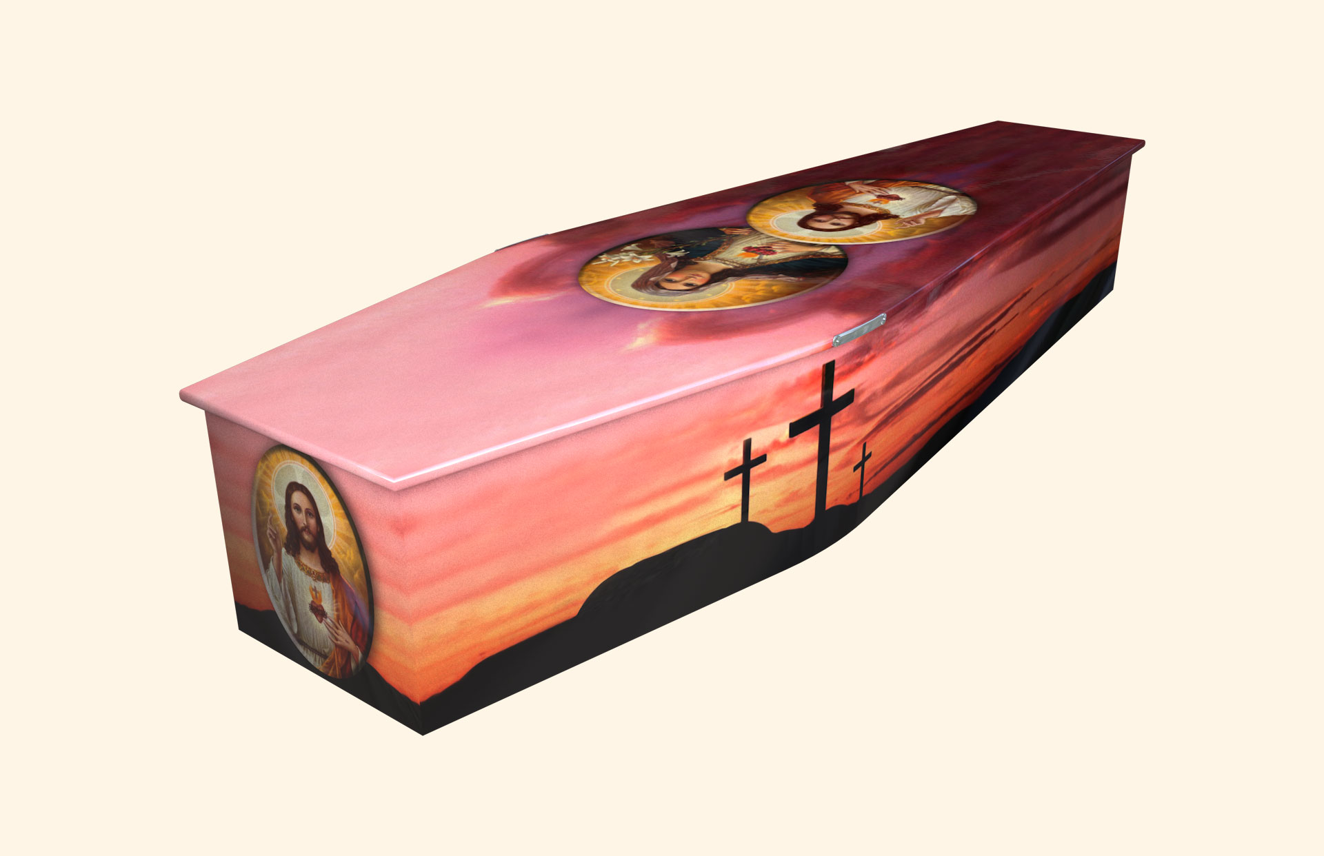 Calvary Sunset design on a traditional coffin