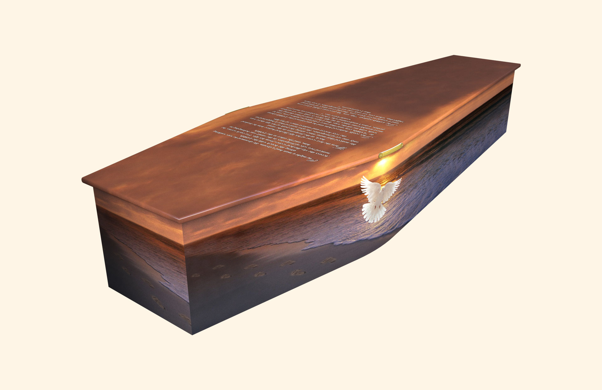 Footprints in the Sand design on a traditional coffin