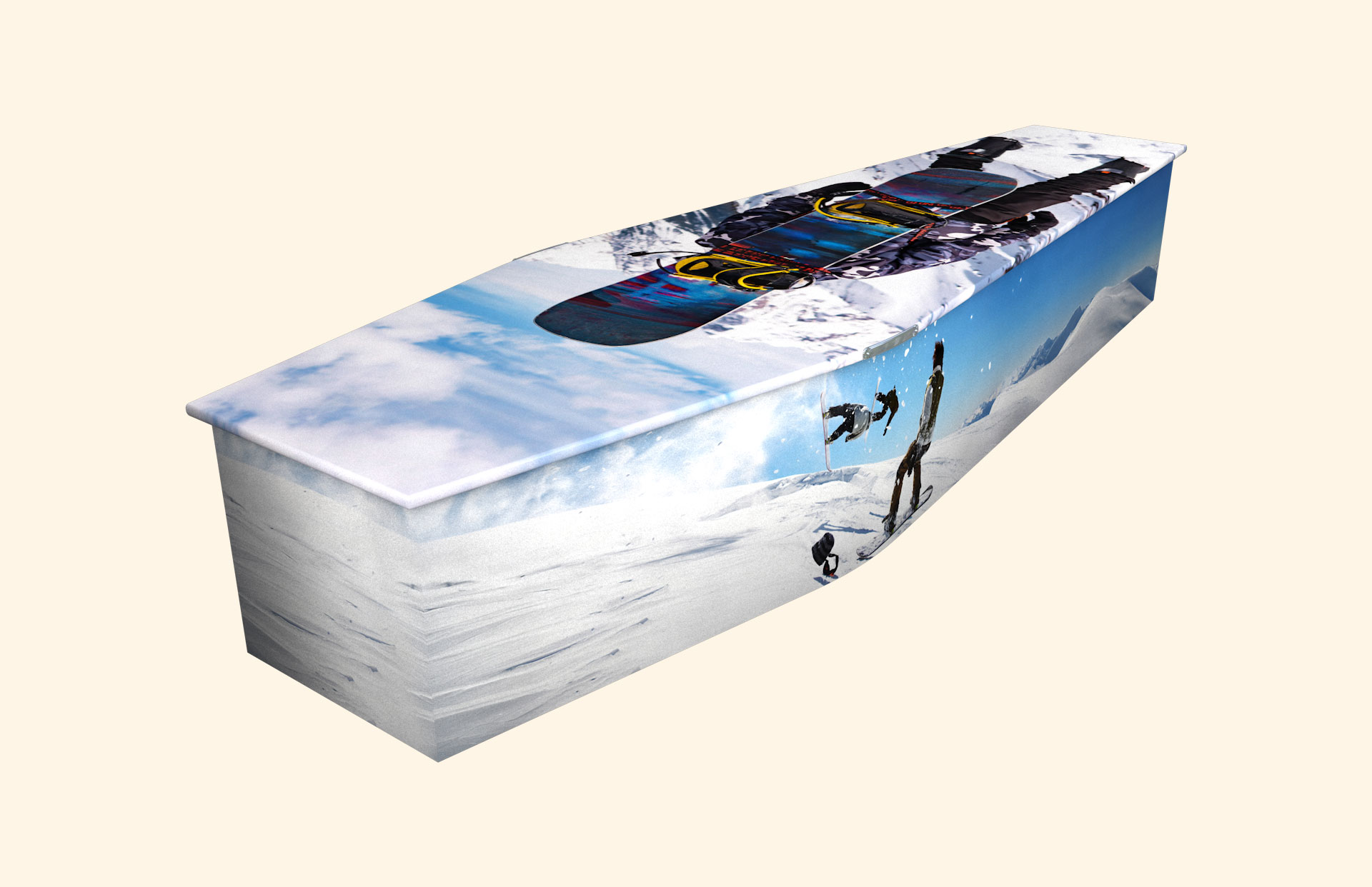 Snowboarding Fun design on a traditional coffin