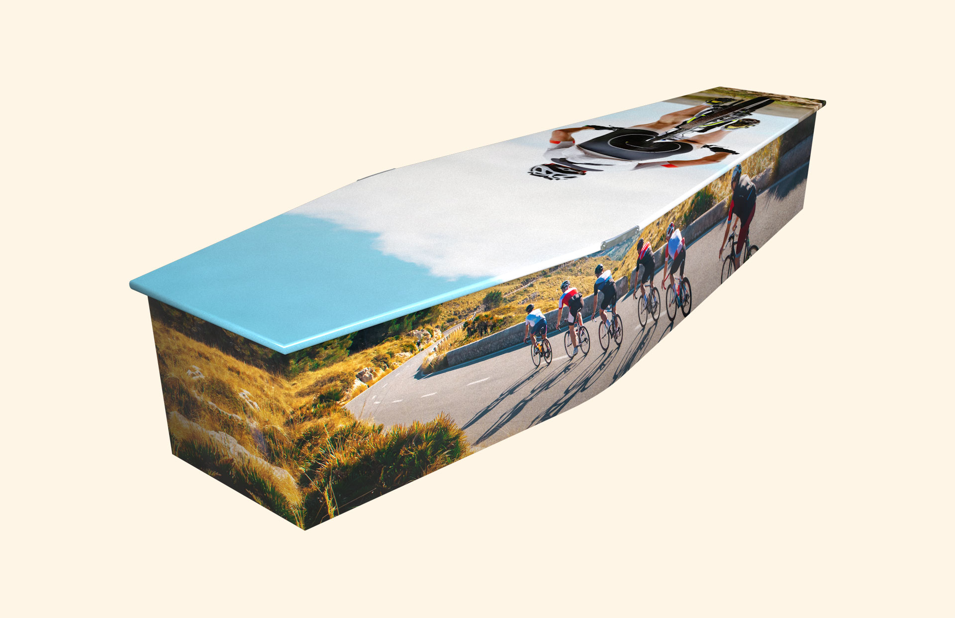 The Ride Out design on a traditional coffin