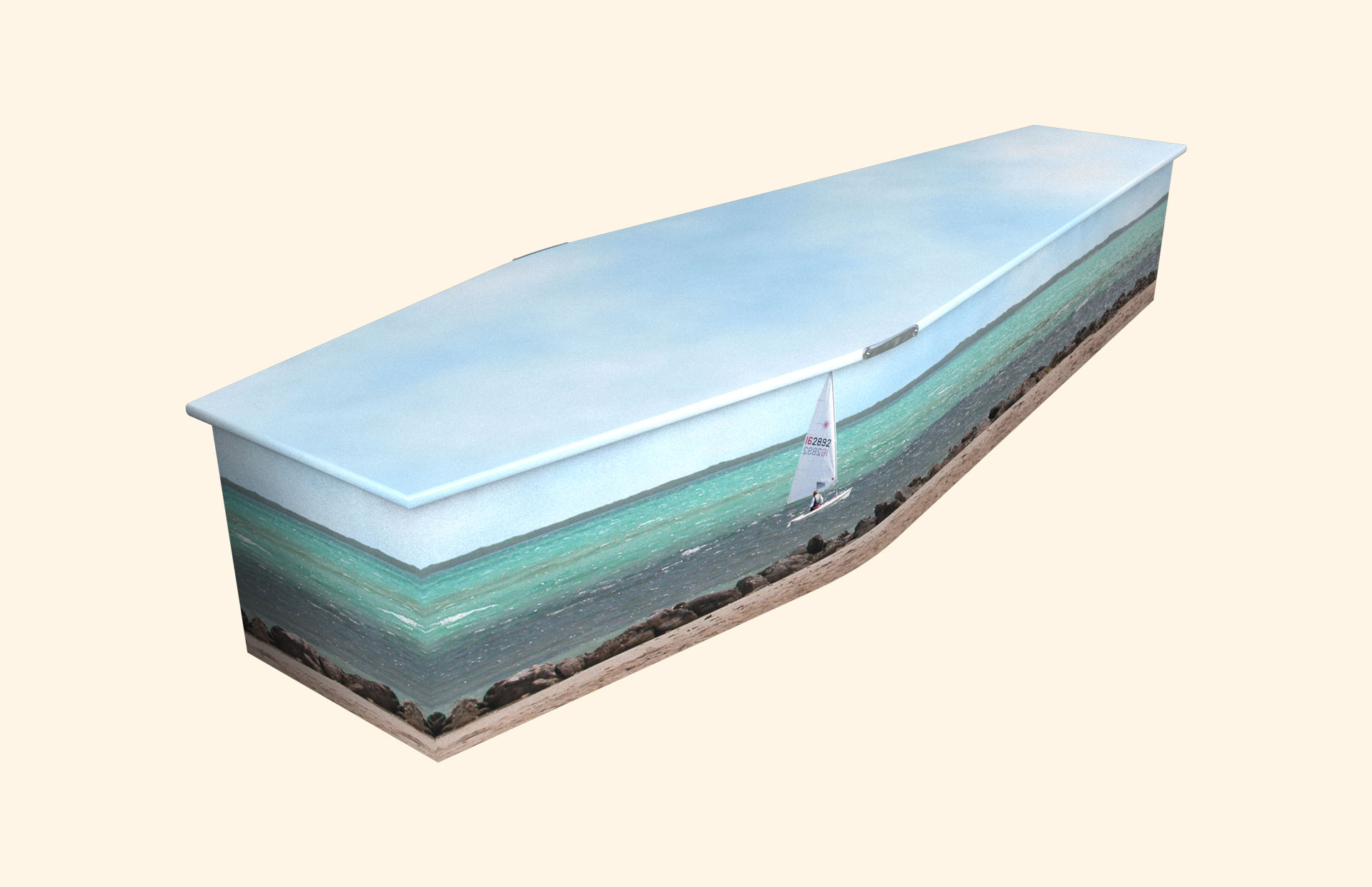Beach and Sailboat design on a traditional coffin