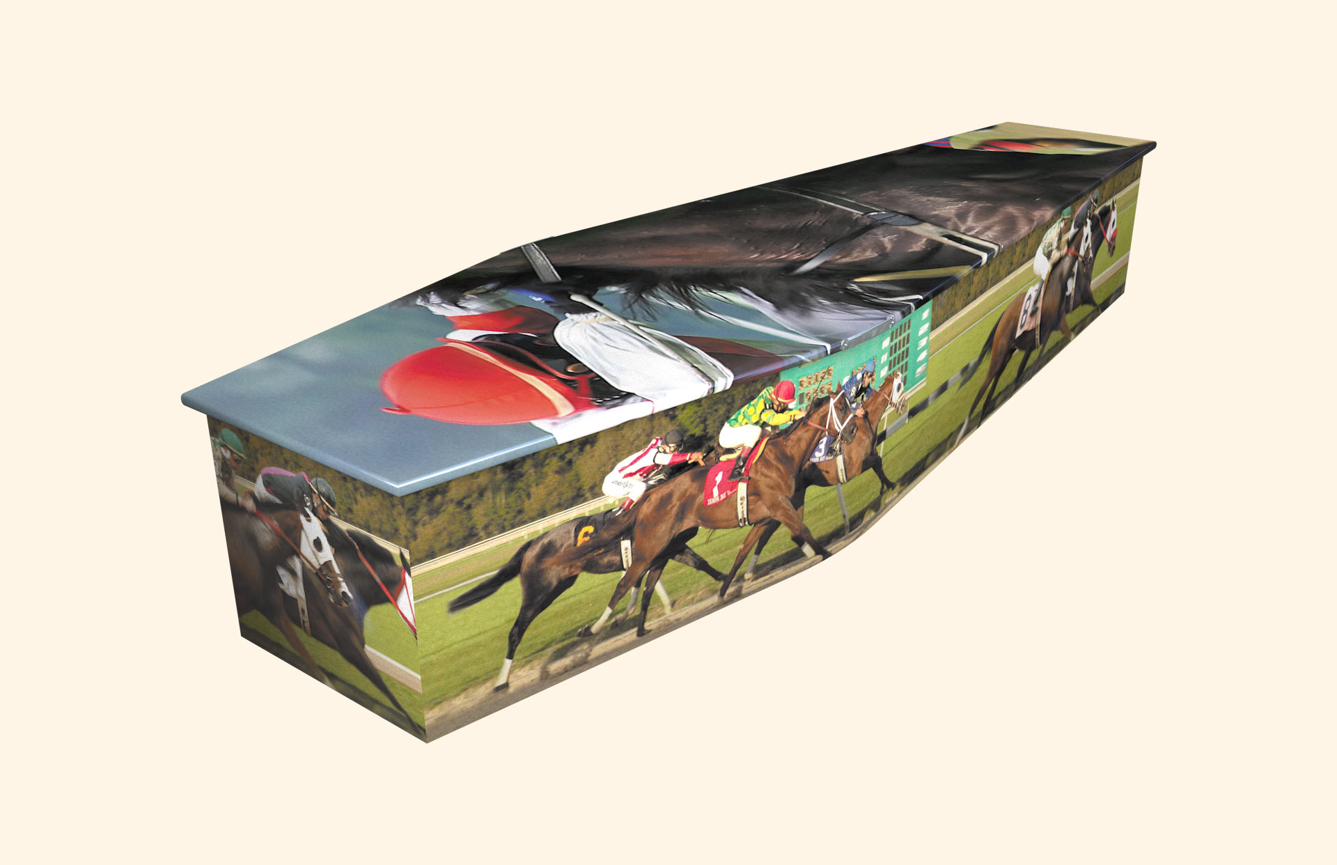 Horse Racing design on a traditional coffin