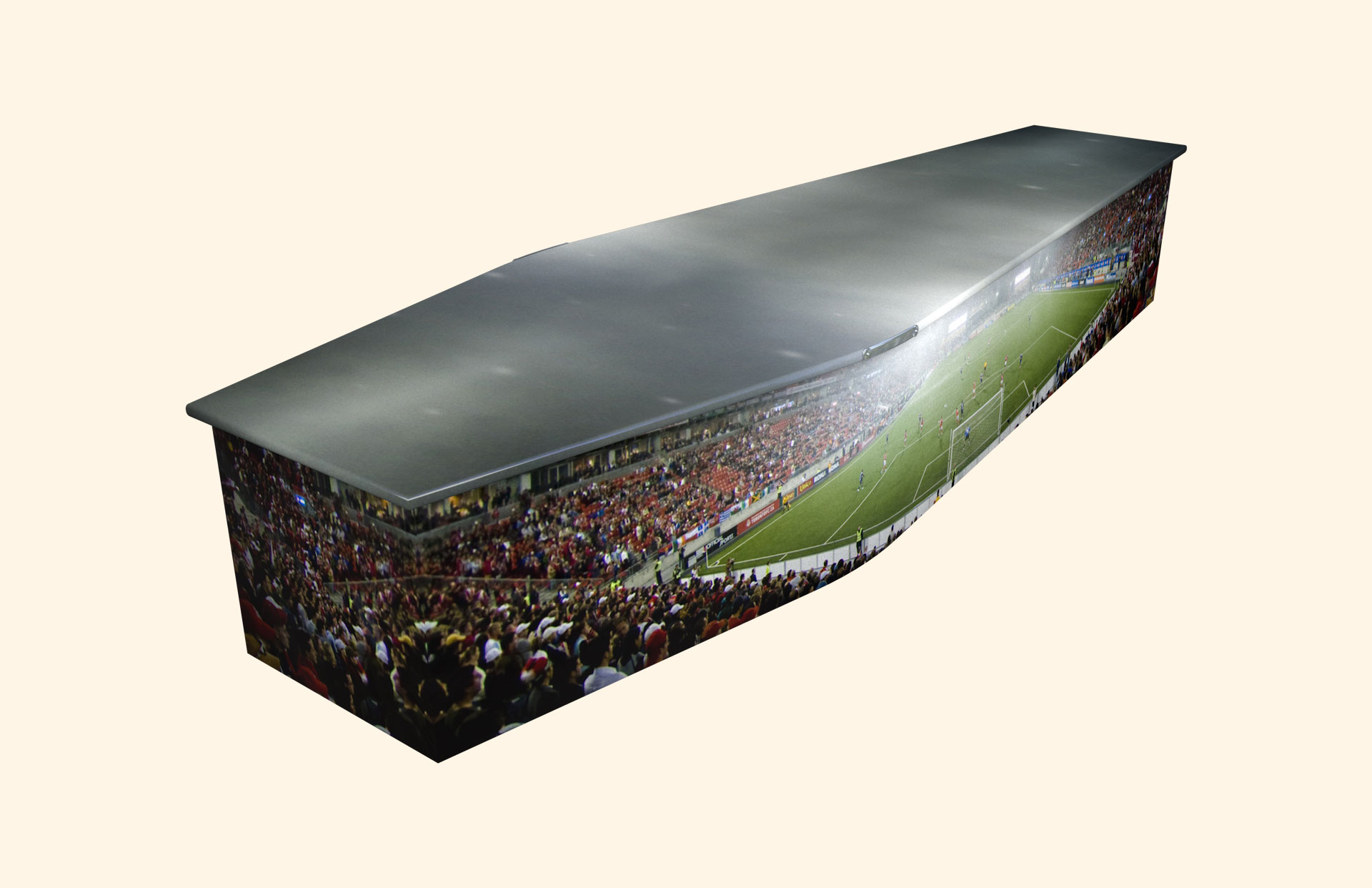 Football Stadium design on a traditional coffin