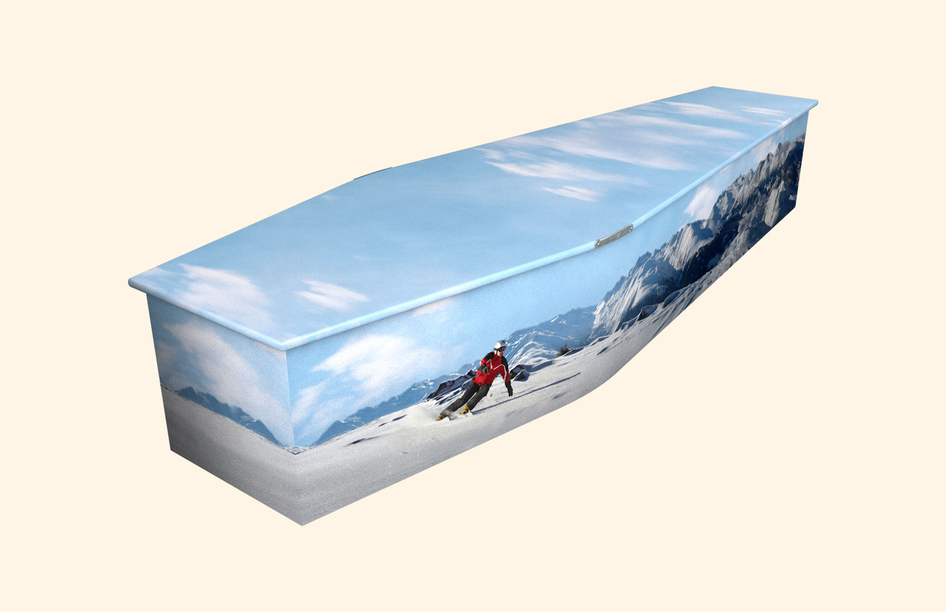 Skiing design on a traditional coffin