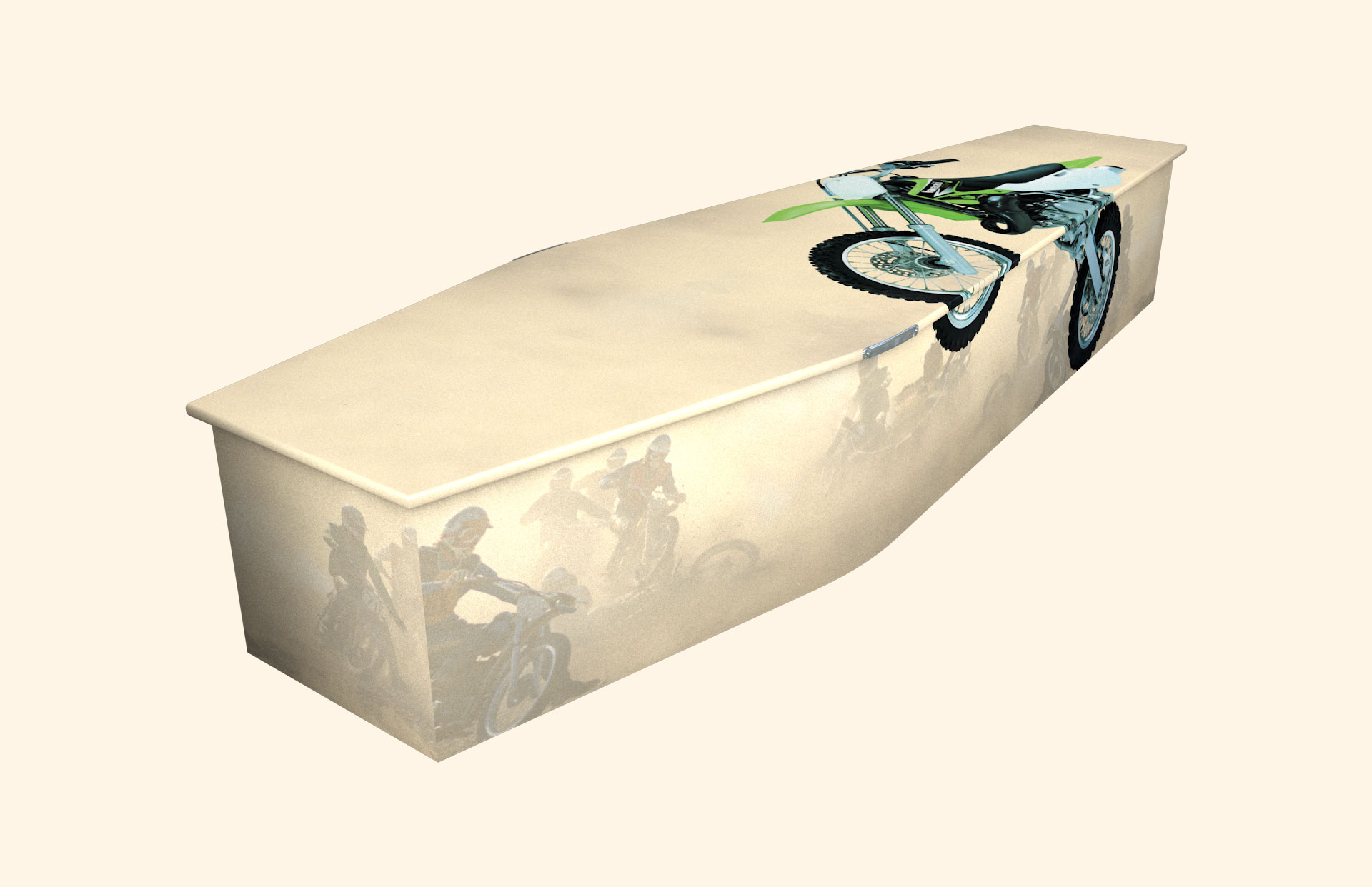 Motocross design on a traditional coffin