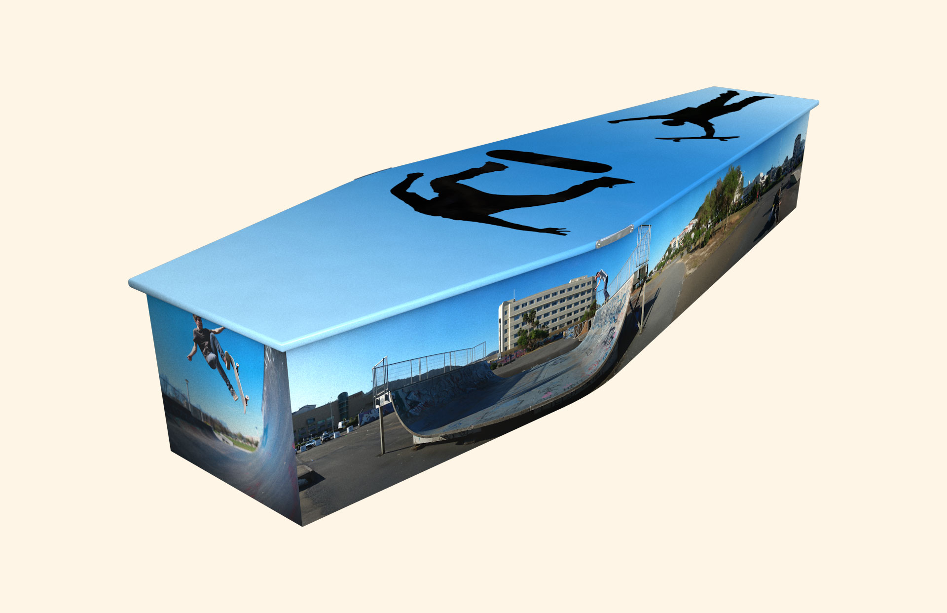 Skateboarding Extreme design on a traditional coffin