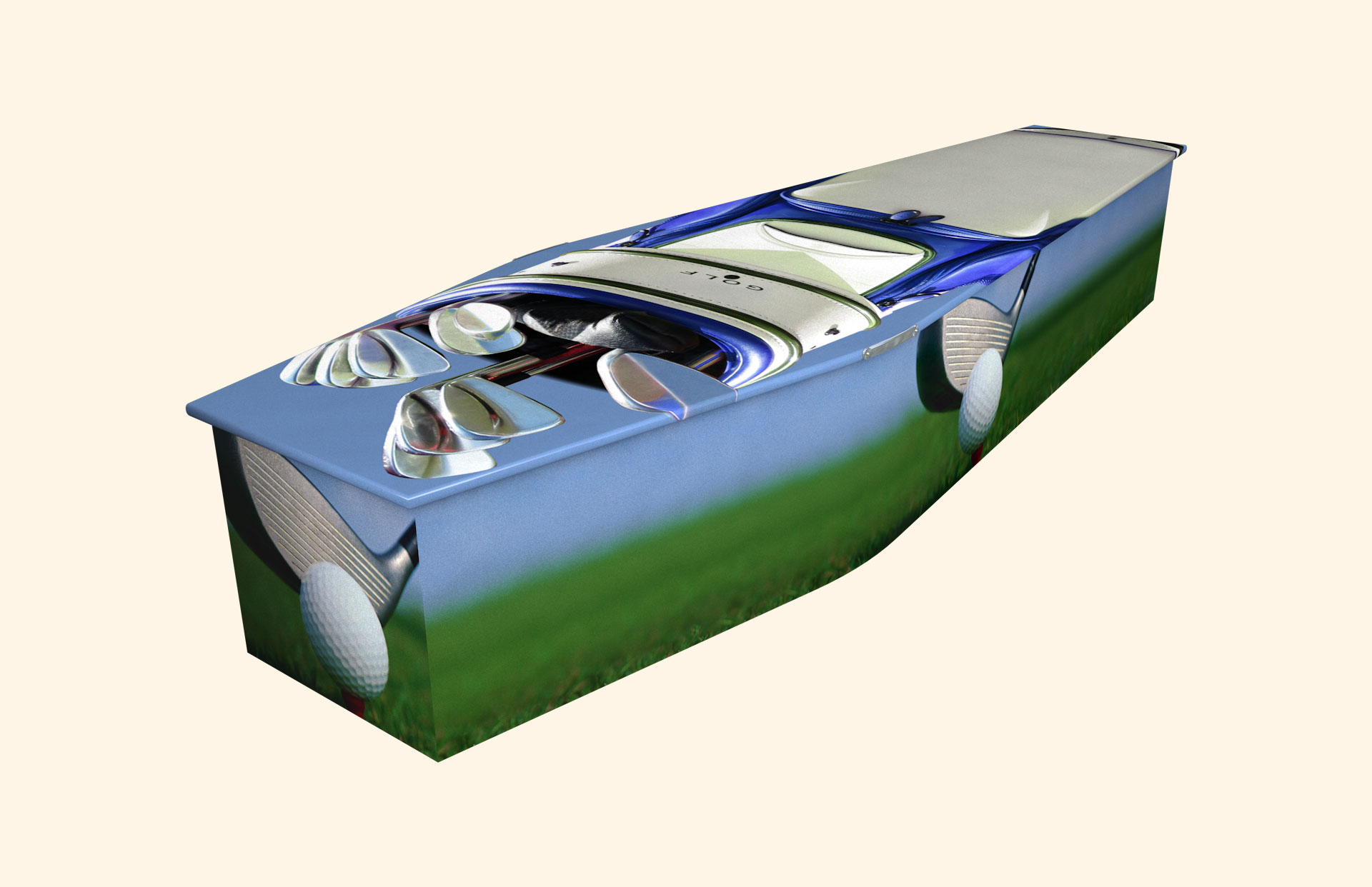 The Golf Bag design on a traditional coffin