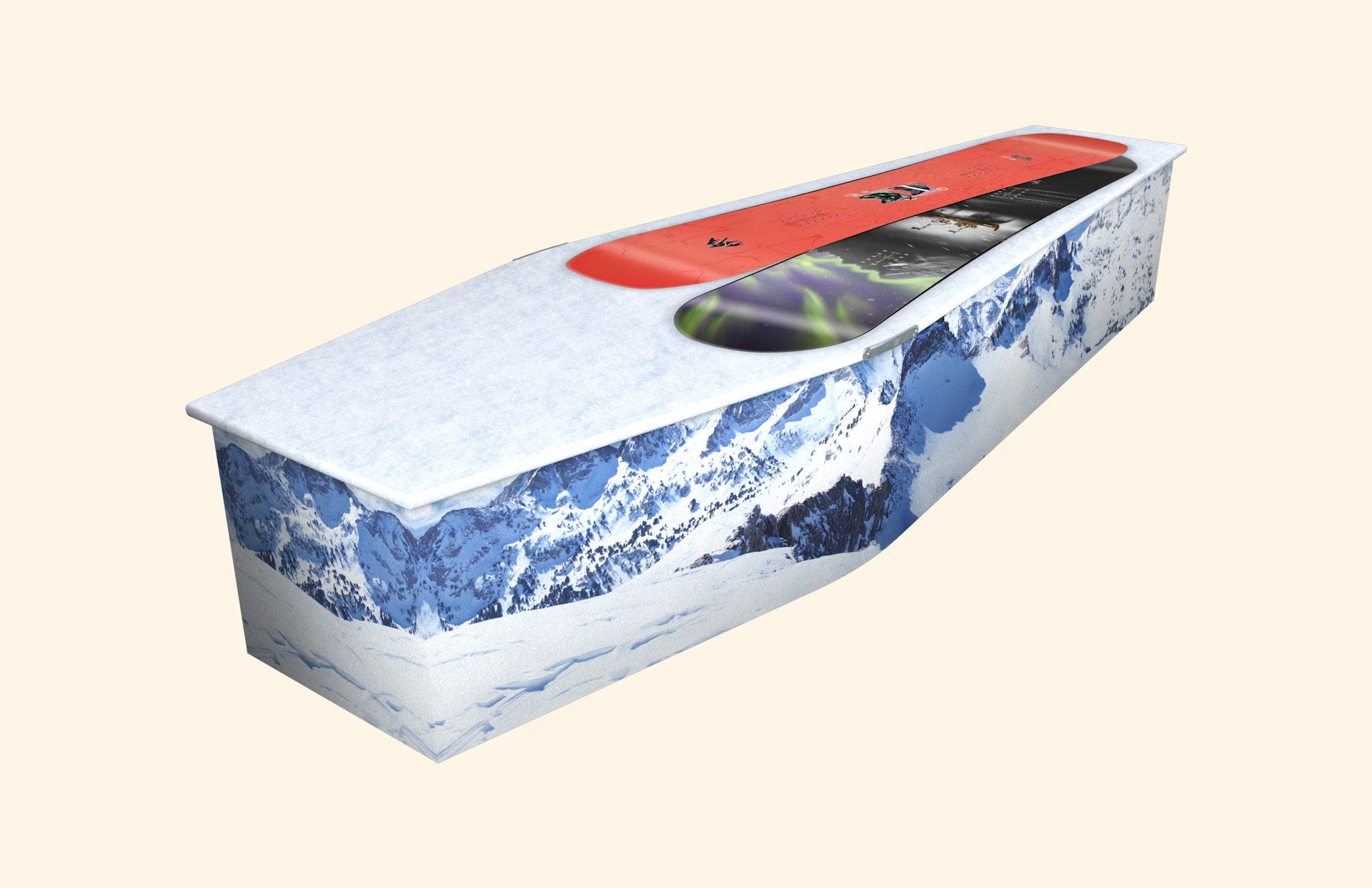 Snowboarder design on a traditional coffin