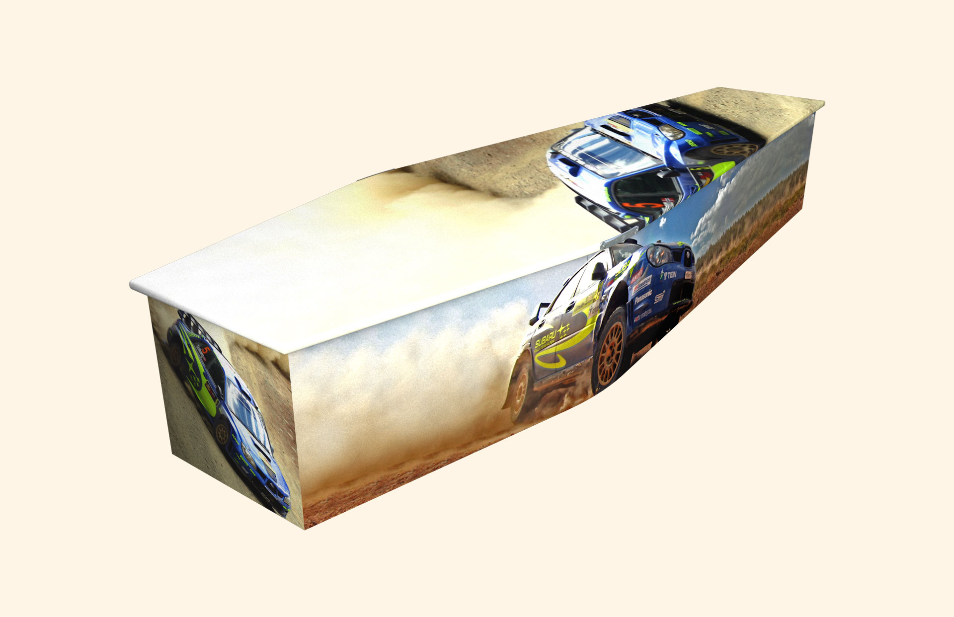 The Rally design on a traditional coffin