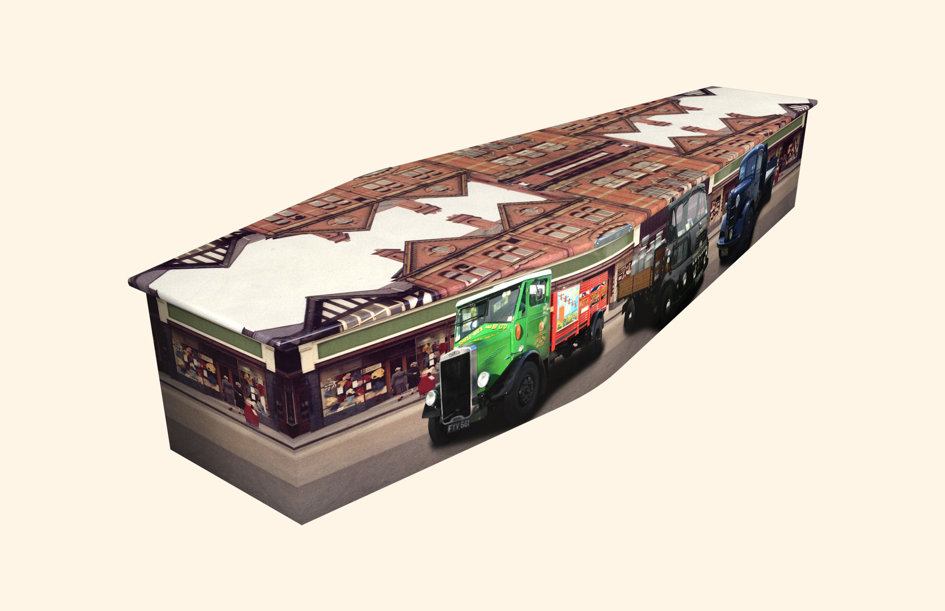 Bobs Toys design on a traditional coffin