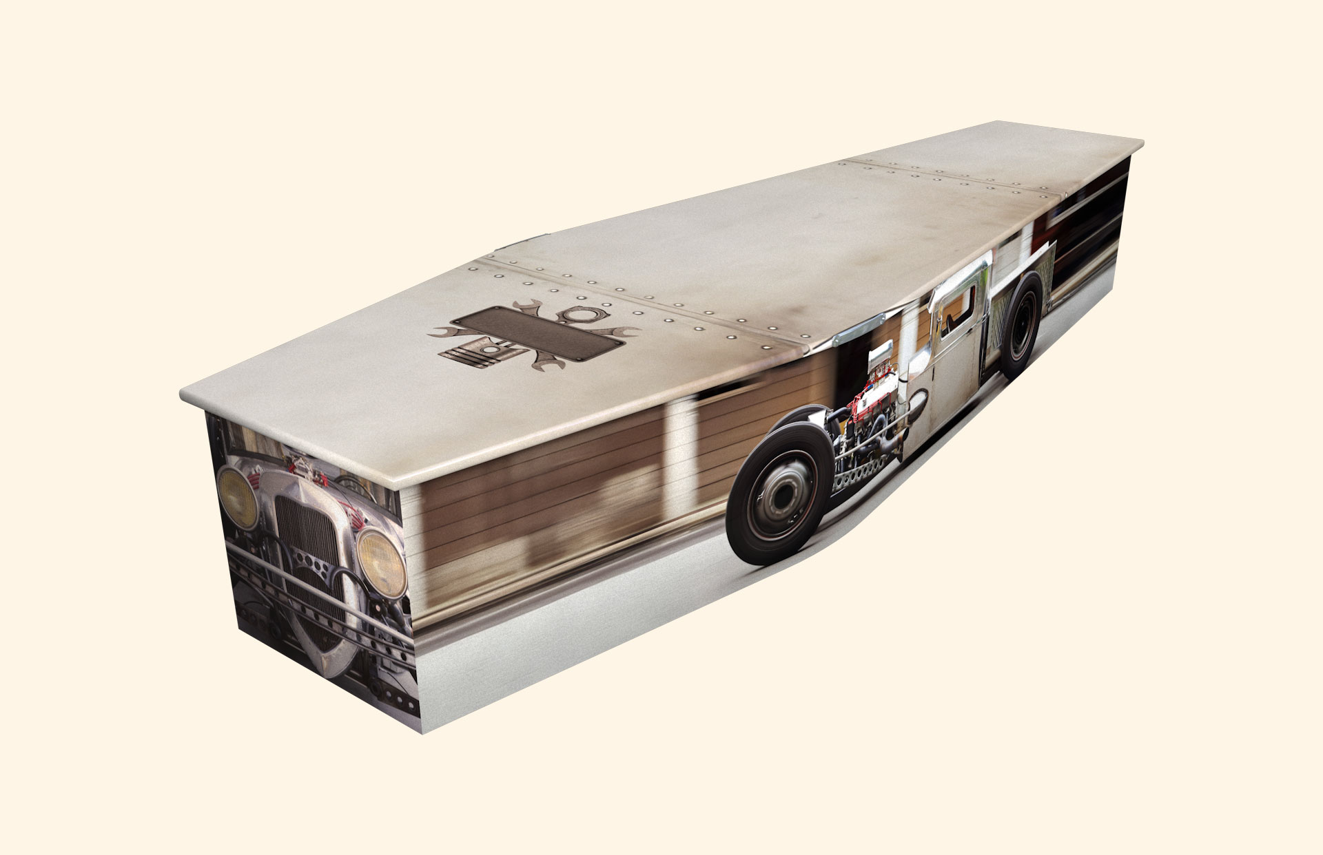 Rat Rod design on a traditional coffin