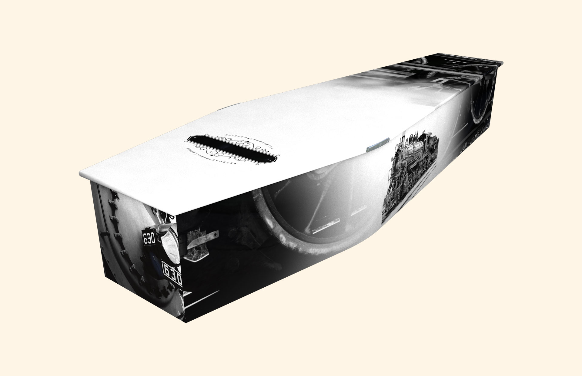 Steam Age design on a traditional coffin