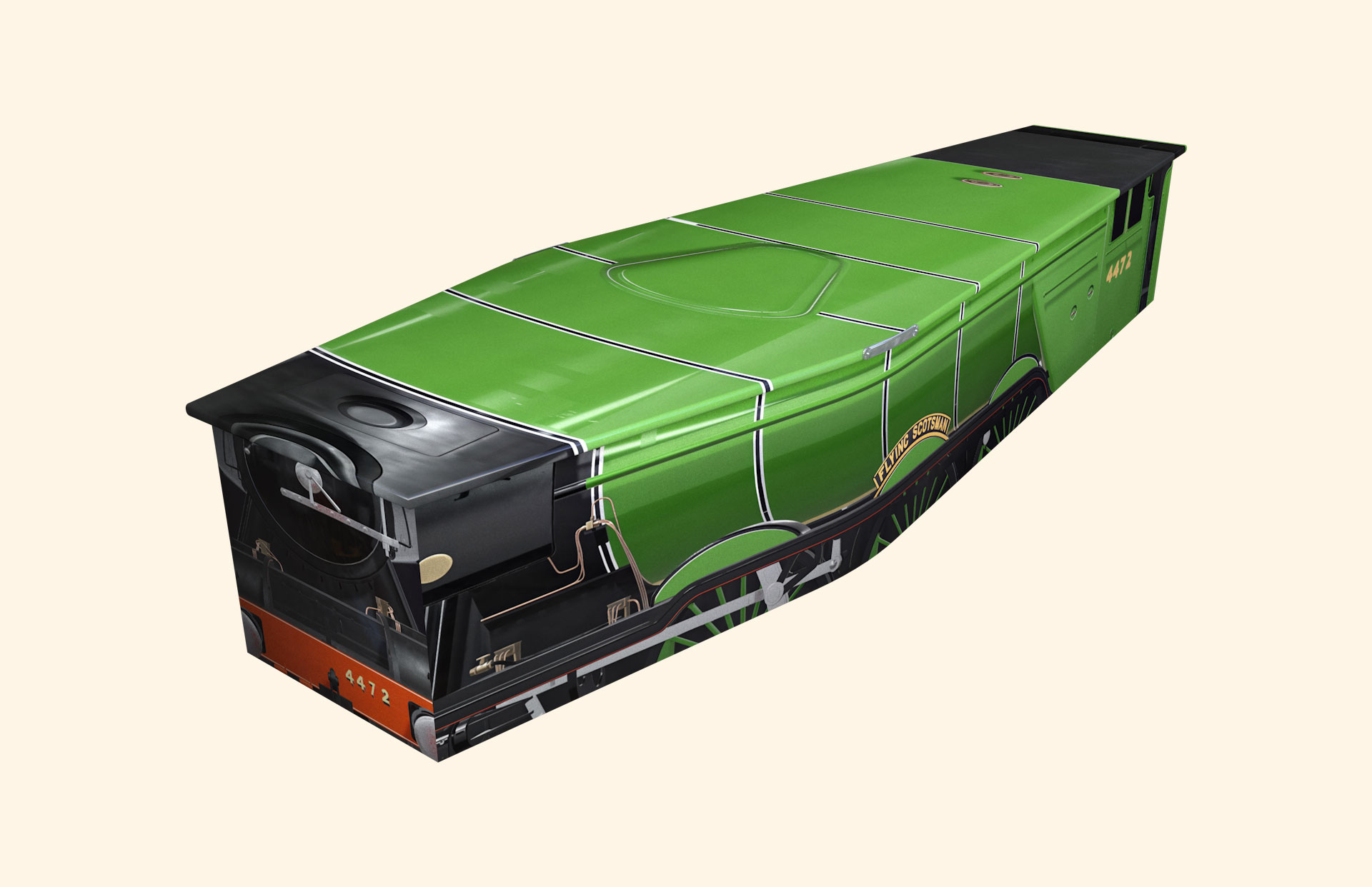 Steaming Along design on a traditional coffin