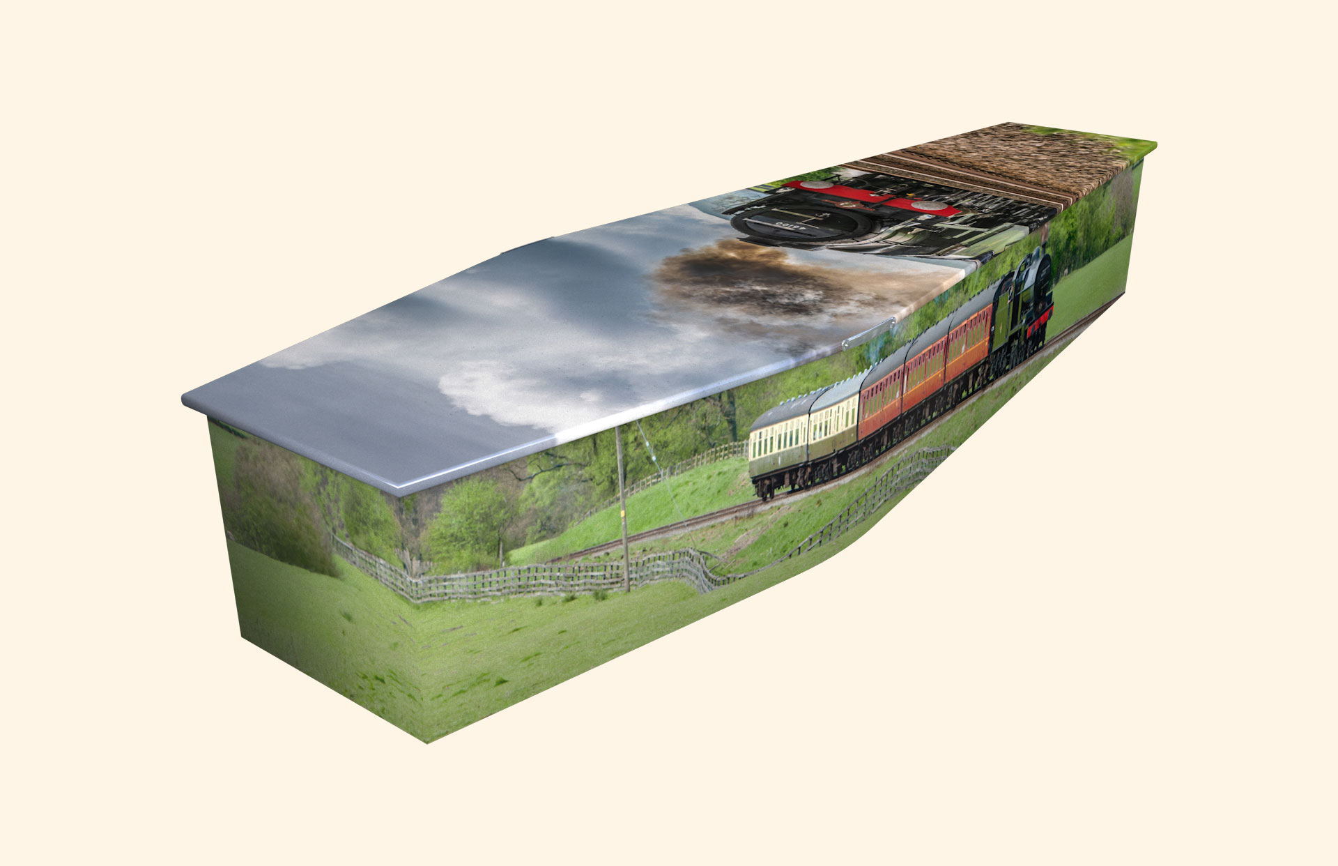 Next Stop design on a traditional coffin