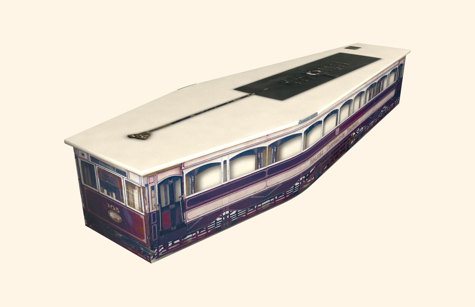 Eric's Tram design on a traditional coffin