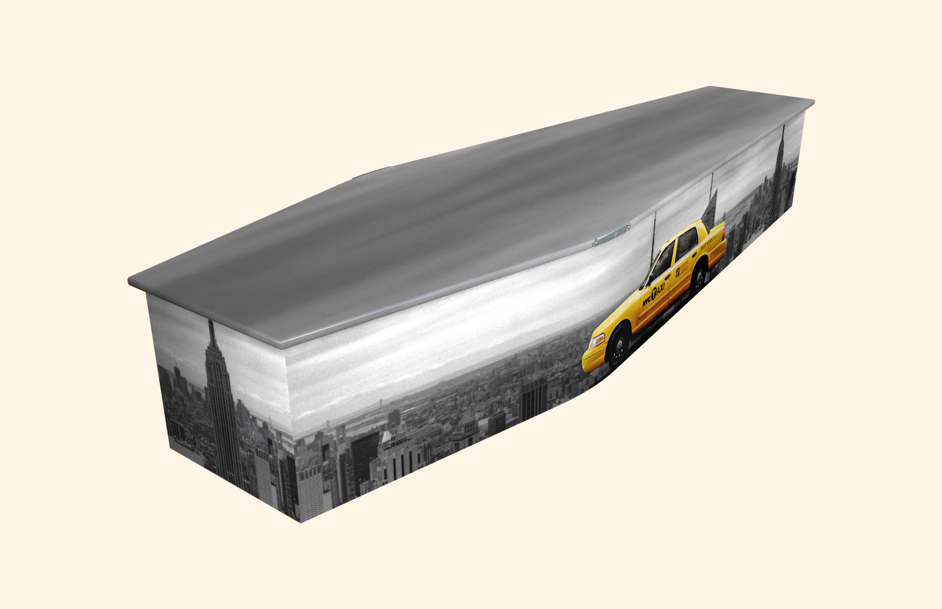 New York Taxi Skyline design on a traditional coffin