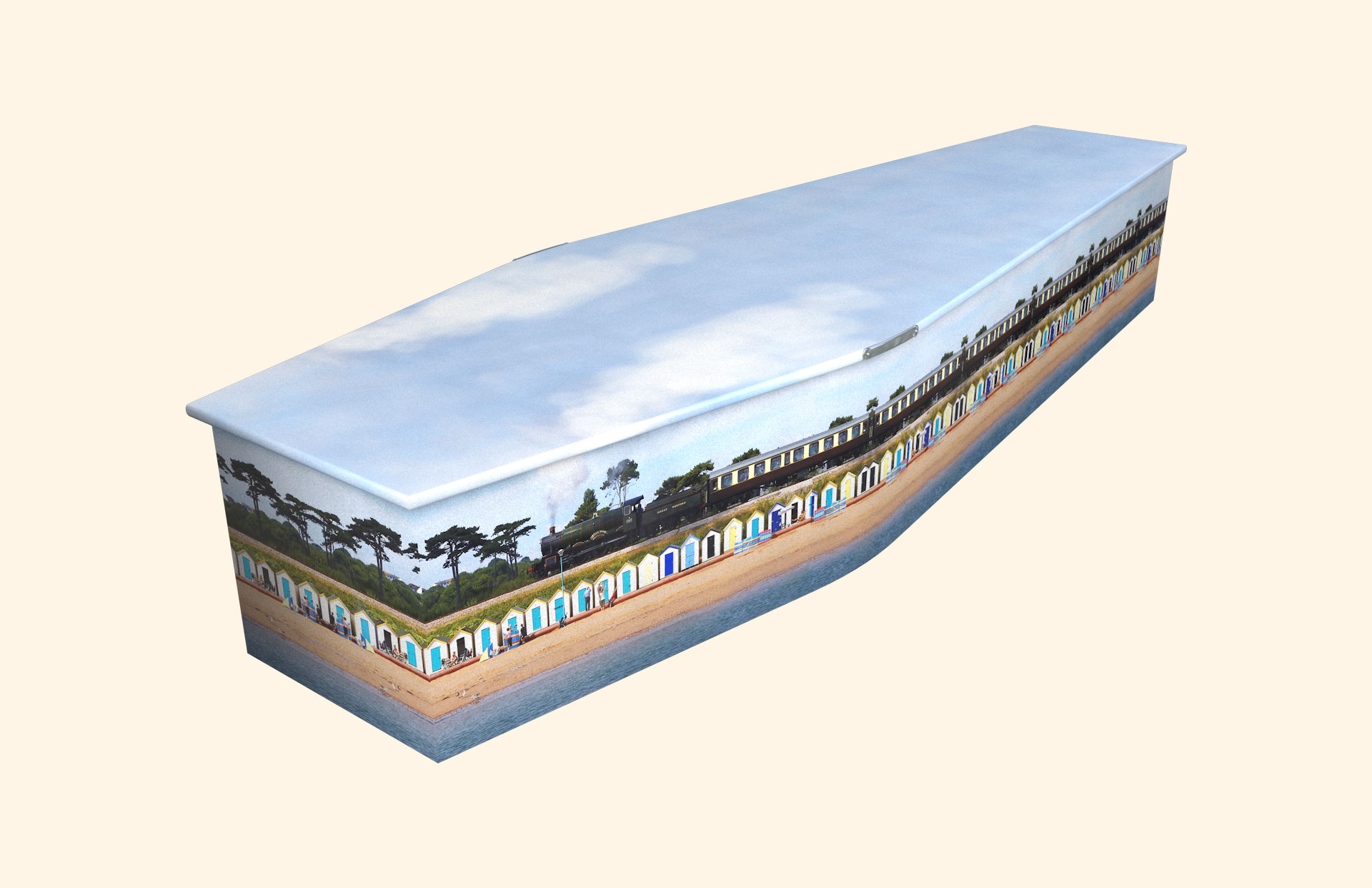 Seaside Train design on a traditional coffin