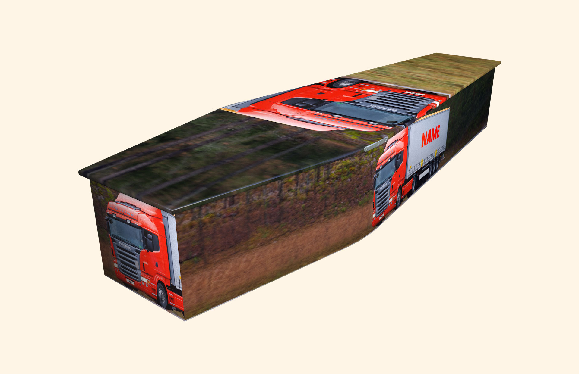 Special Delivery design on a traditional coffin