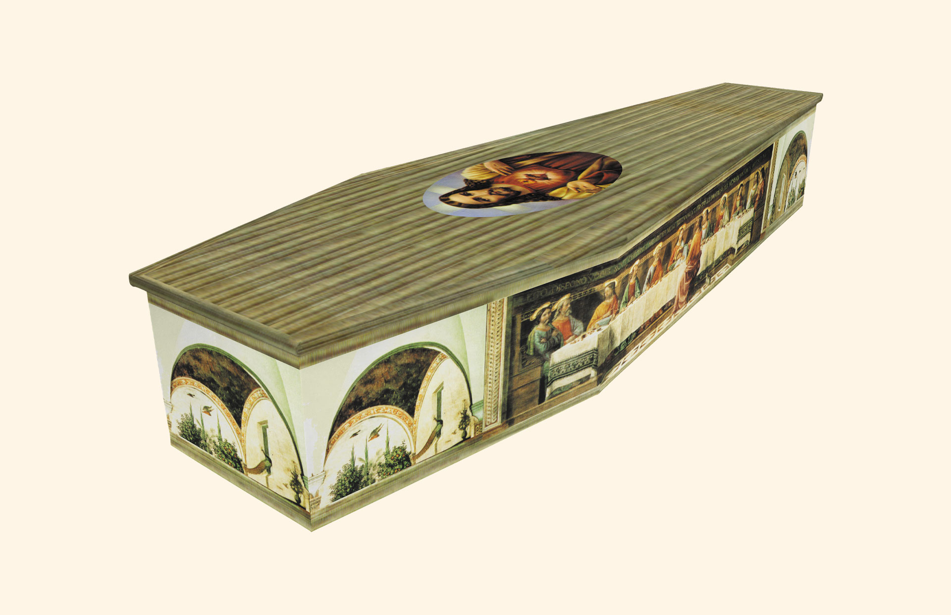 Last Supper design on a cardboard coffin