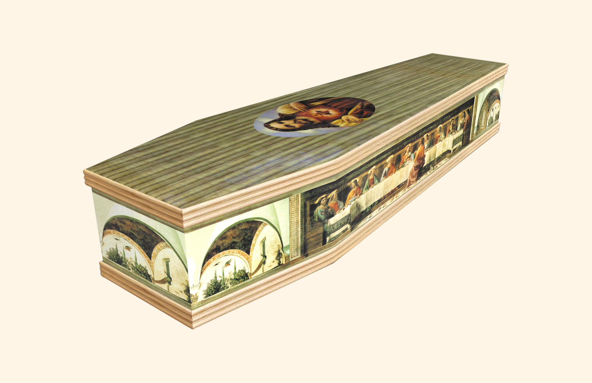 Last Supper design on a classic coffin