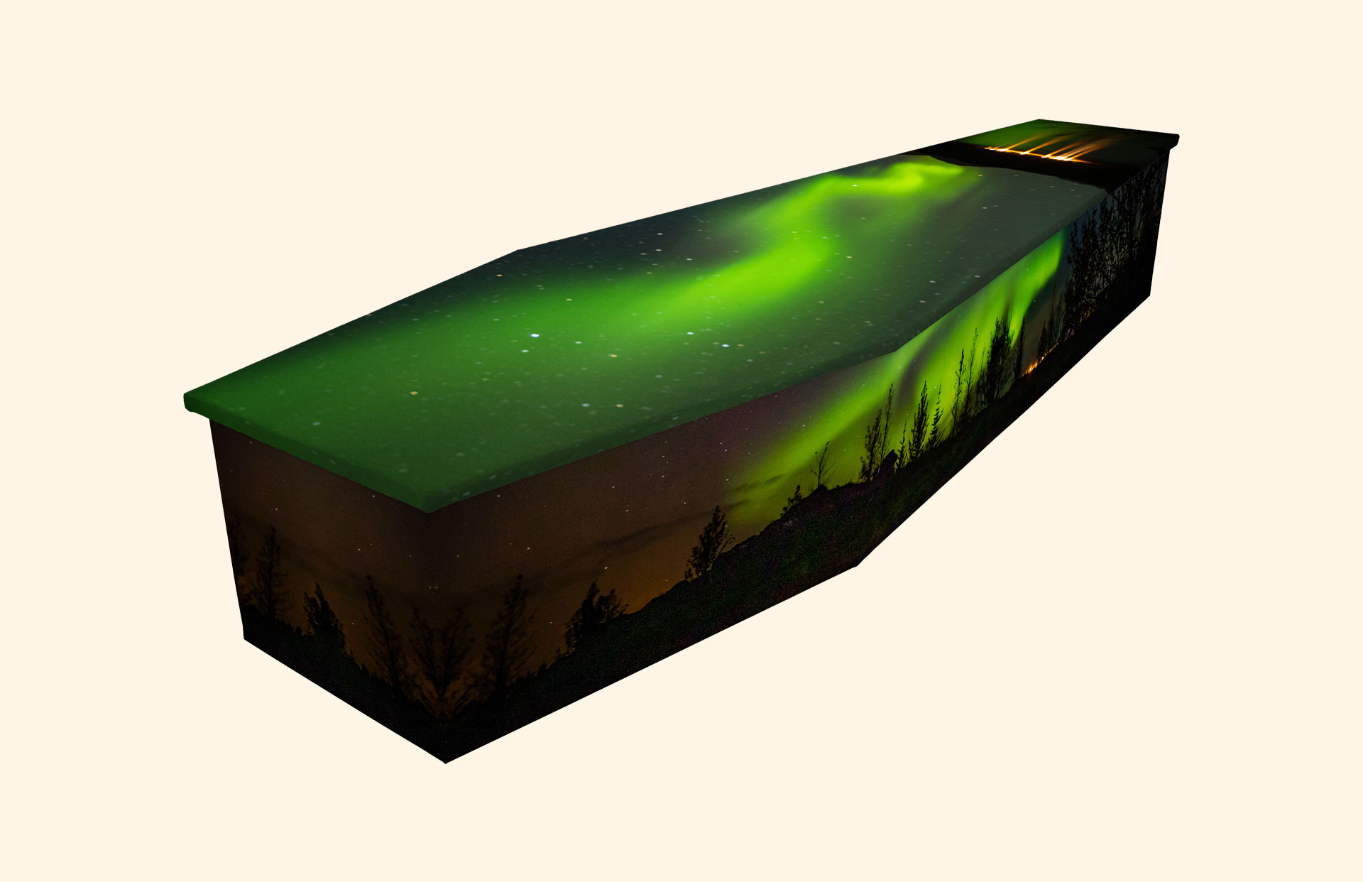 Northern Lights design on a cardboard coffin