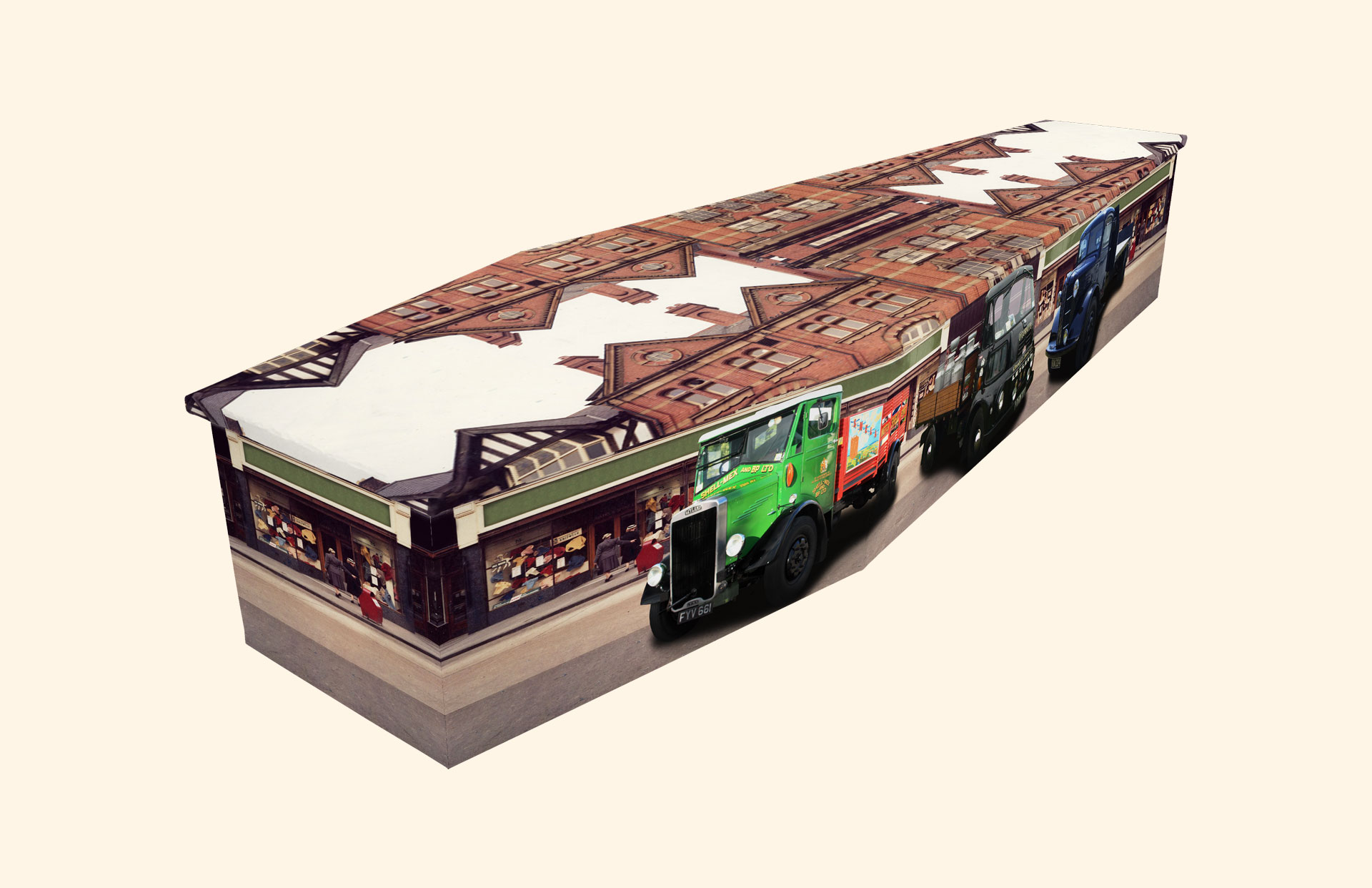 Bobs Toys design on a cardboard coffin