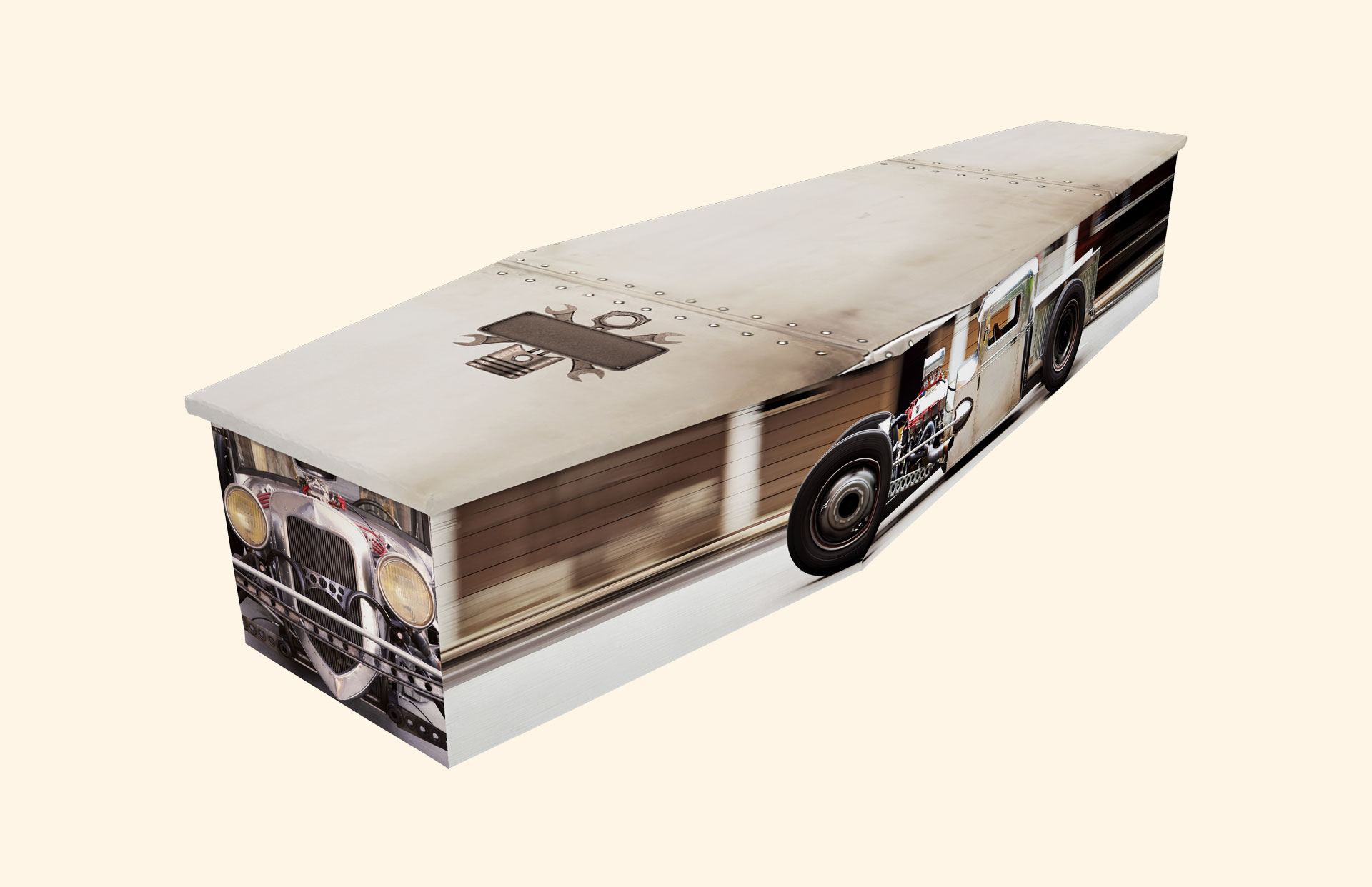 Rat Rod design on a cardboard coffin