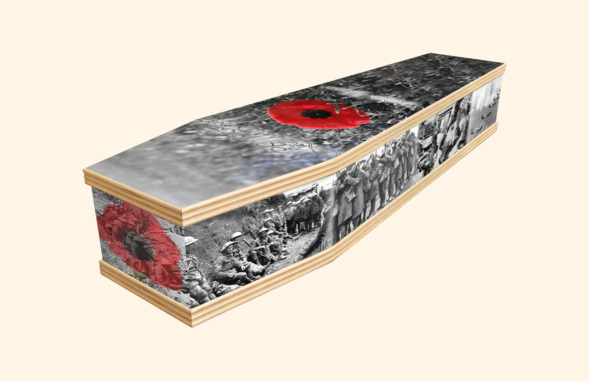 Lest We Forget design on a classic coffin