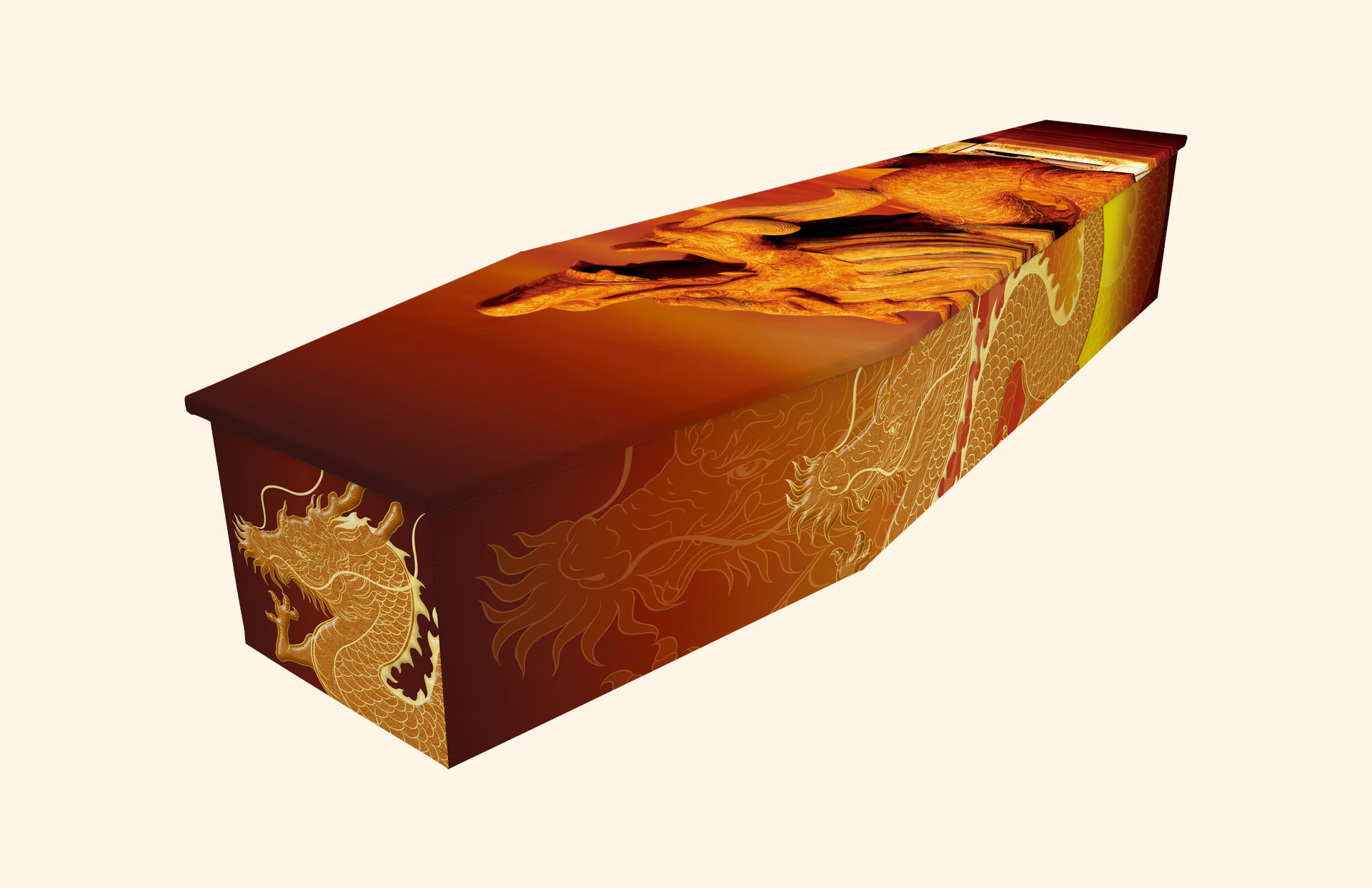 Golden Dragons design on a cardboard coffin