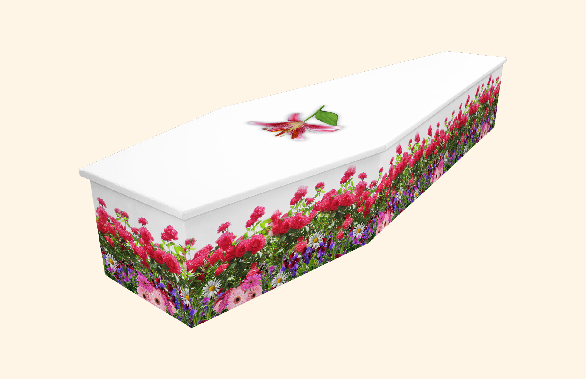 Red Bouquet design on a cardboard coffin