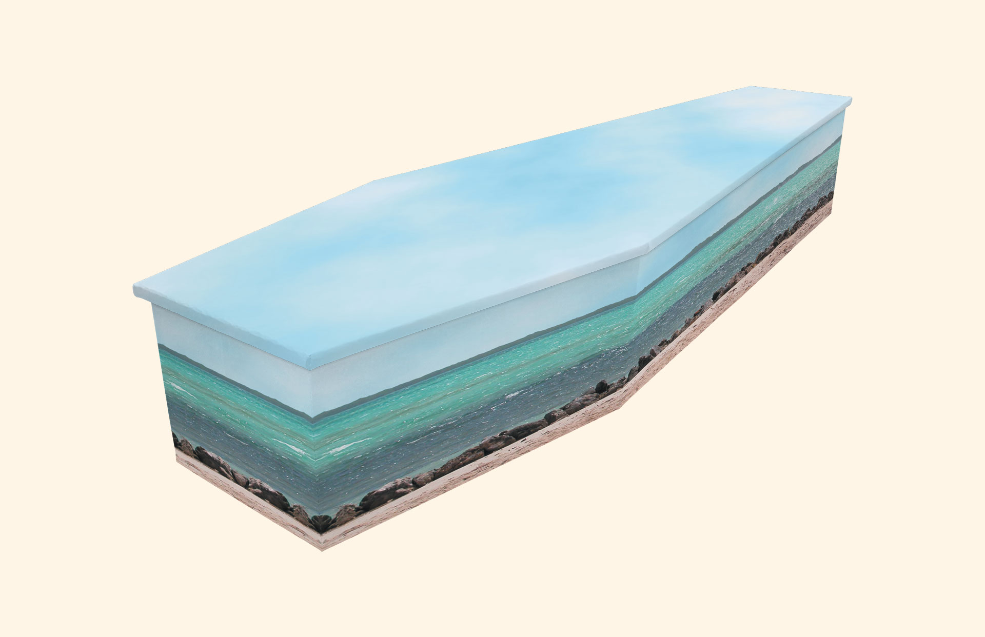 Beach design on a cardboard coffin