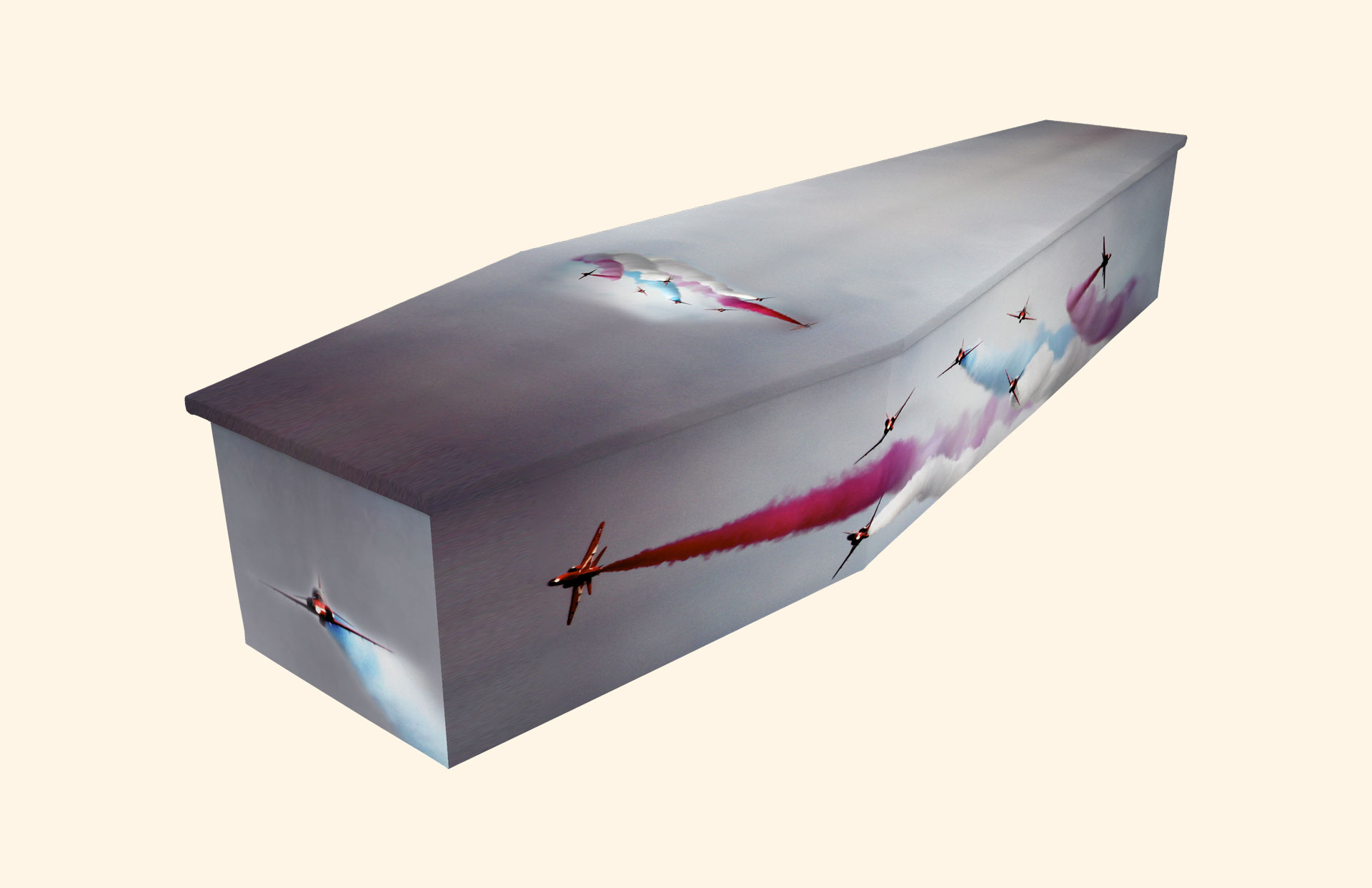 Red Arrows design on a cardboard coffin