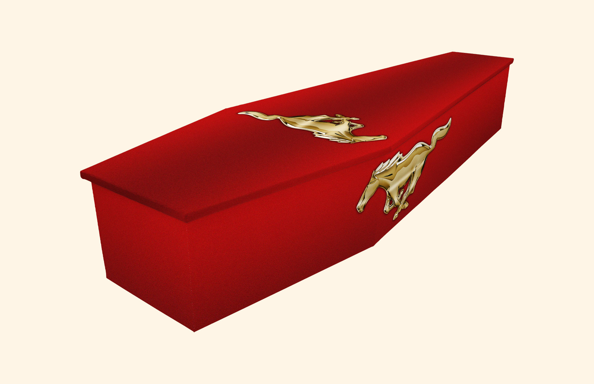 Golden Stallion design on a cardboard coffin