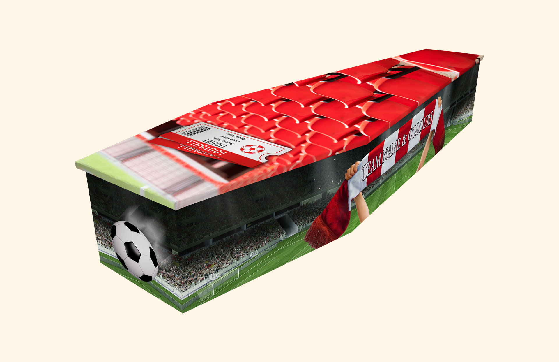 Supporter red design on a cardboard coffin