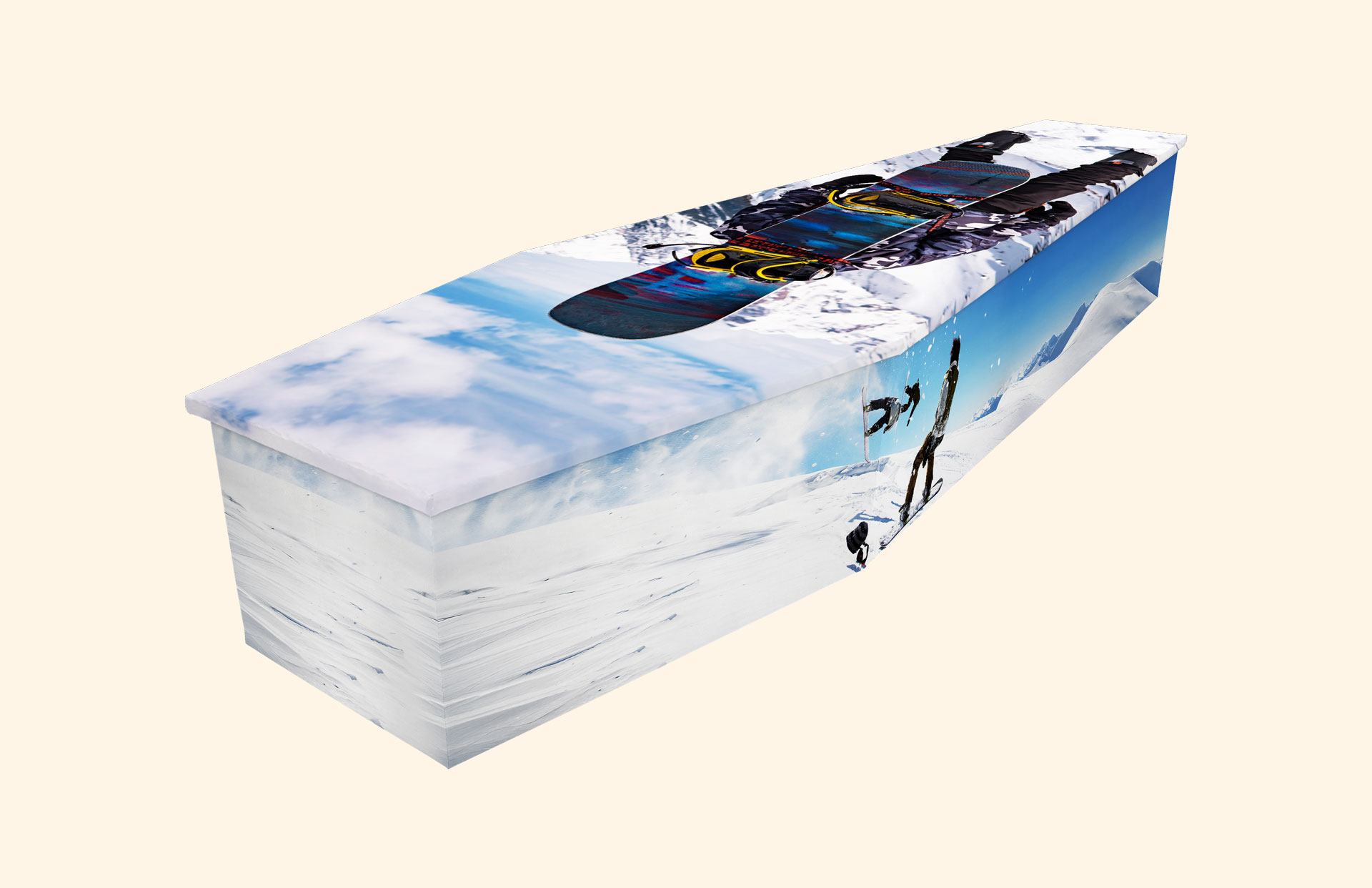 Snowboarding Fun design on a cardboard coffin