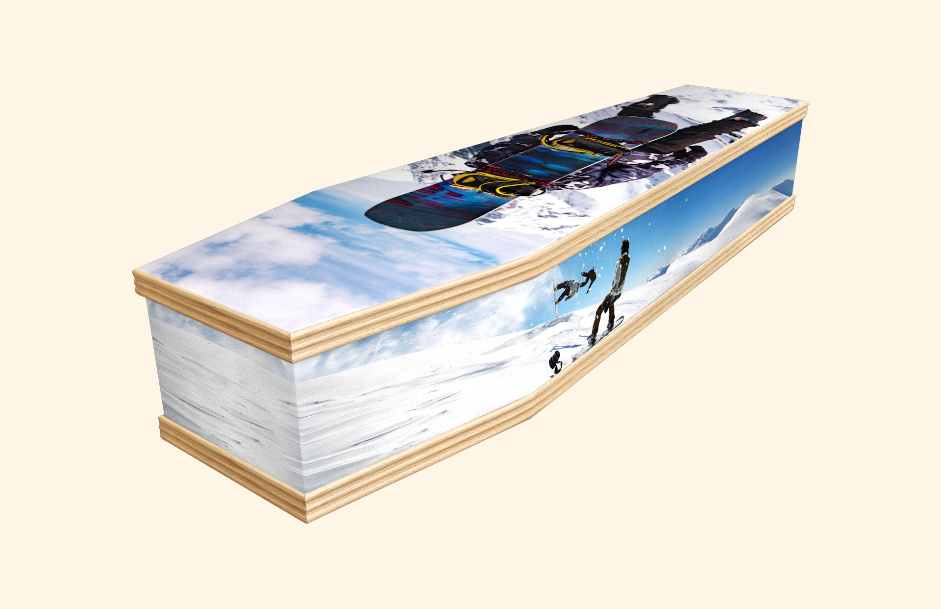 Snowboarding Fun design on a classic coffin