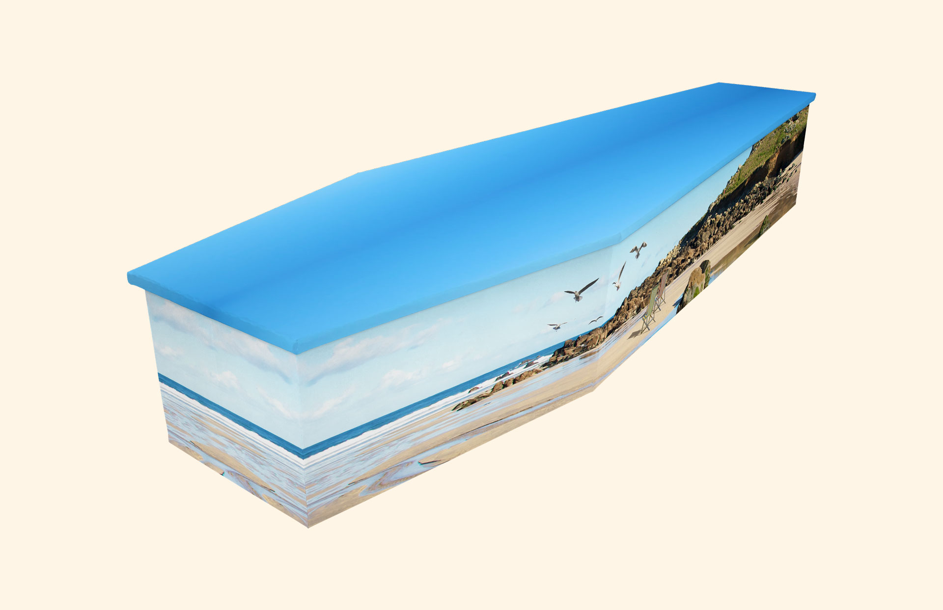 Haven Beach design on a cardboard coffin