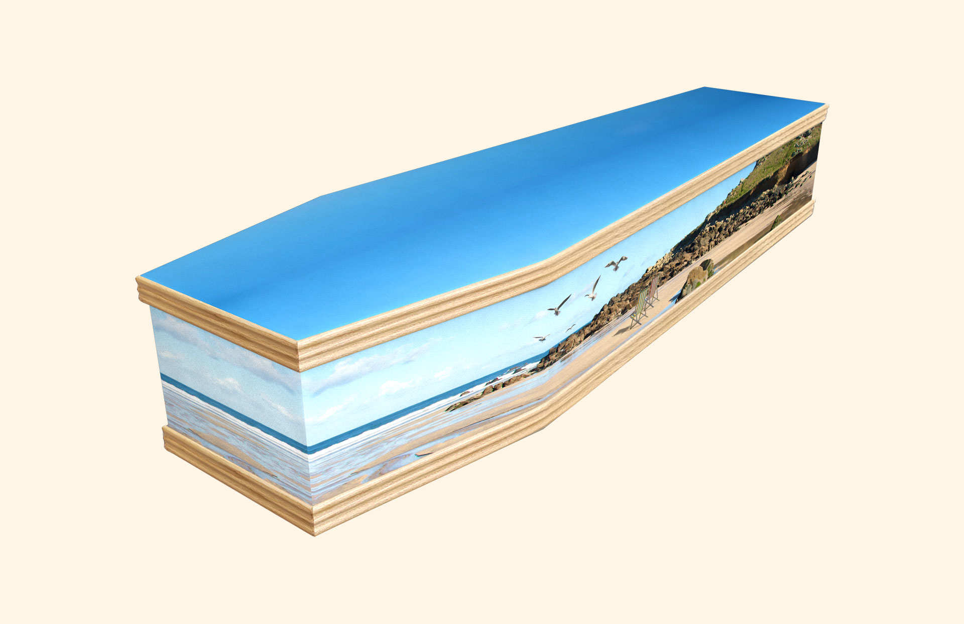 Haven Beach design on a classic coffin