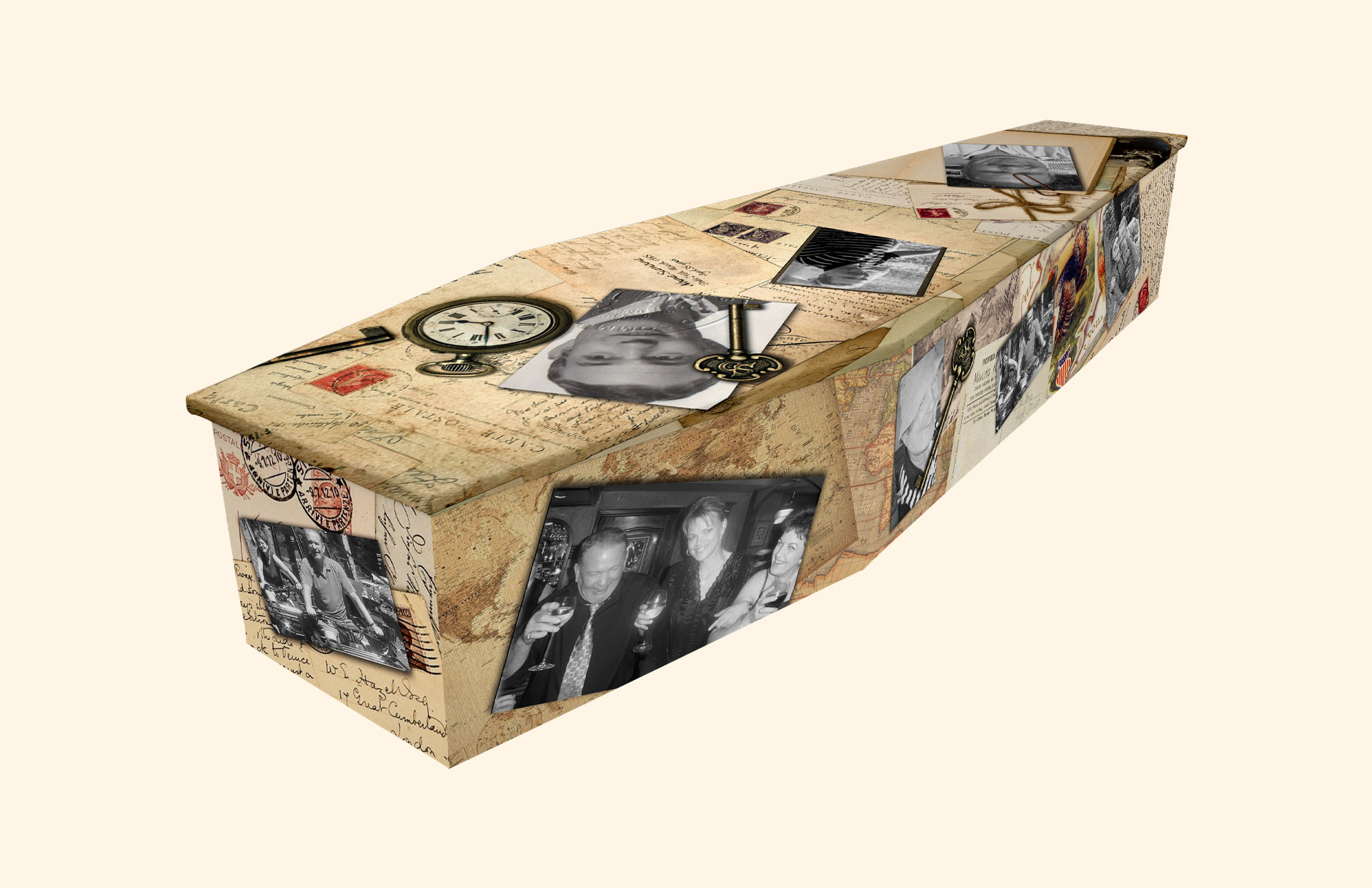 Treasured Times over a cardboard coffin