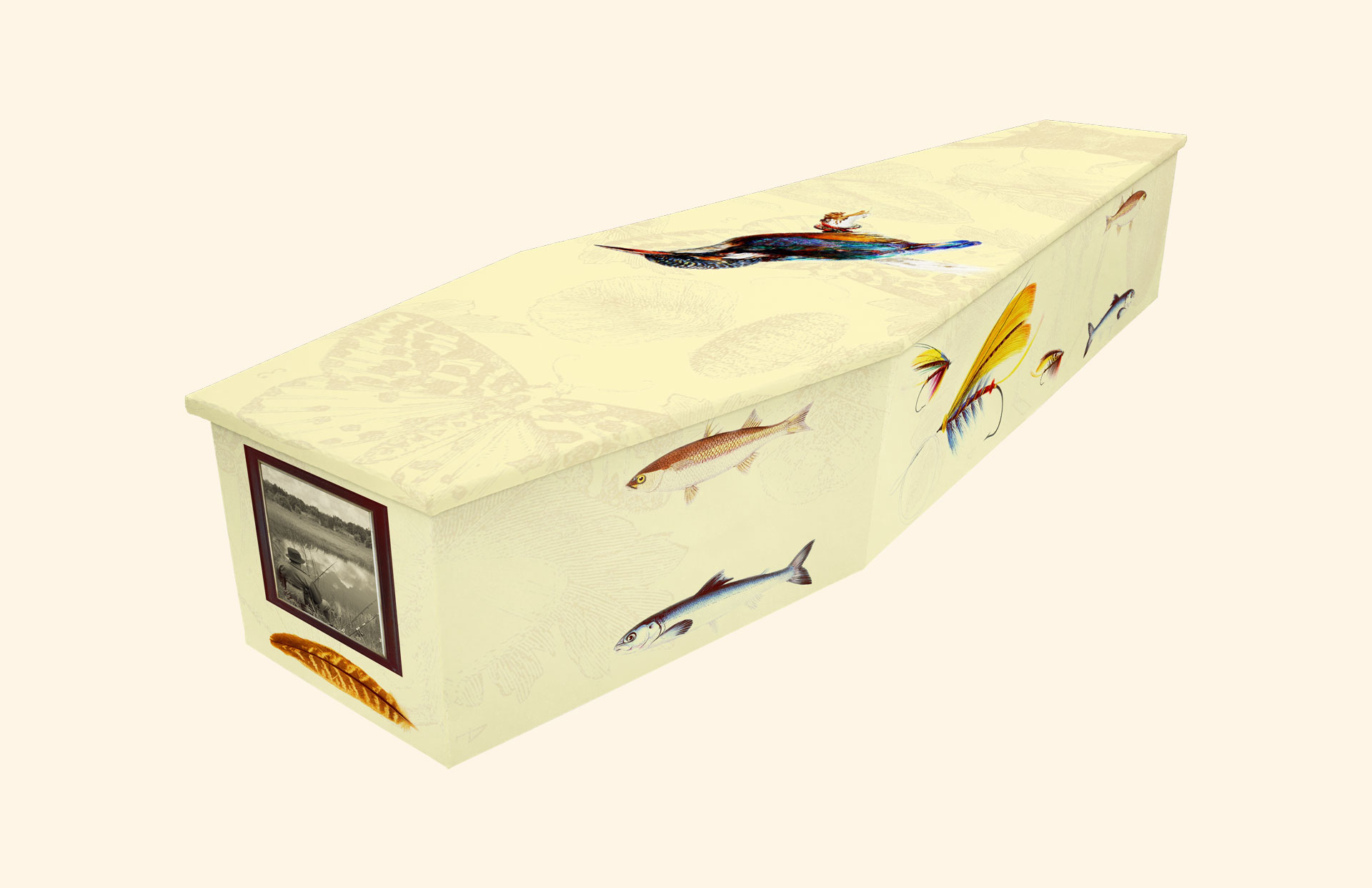 Angling design on a cardboard coffin