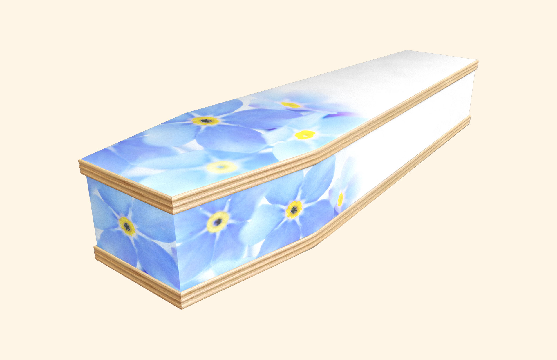 Blushing Forget Me Not design on a classic coffin